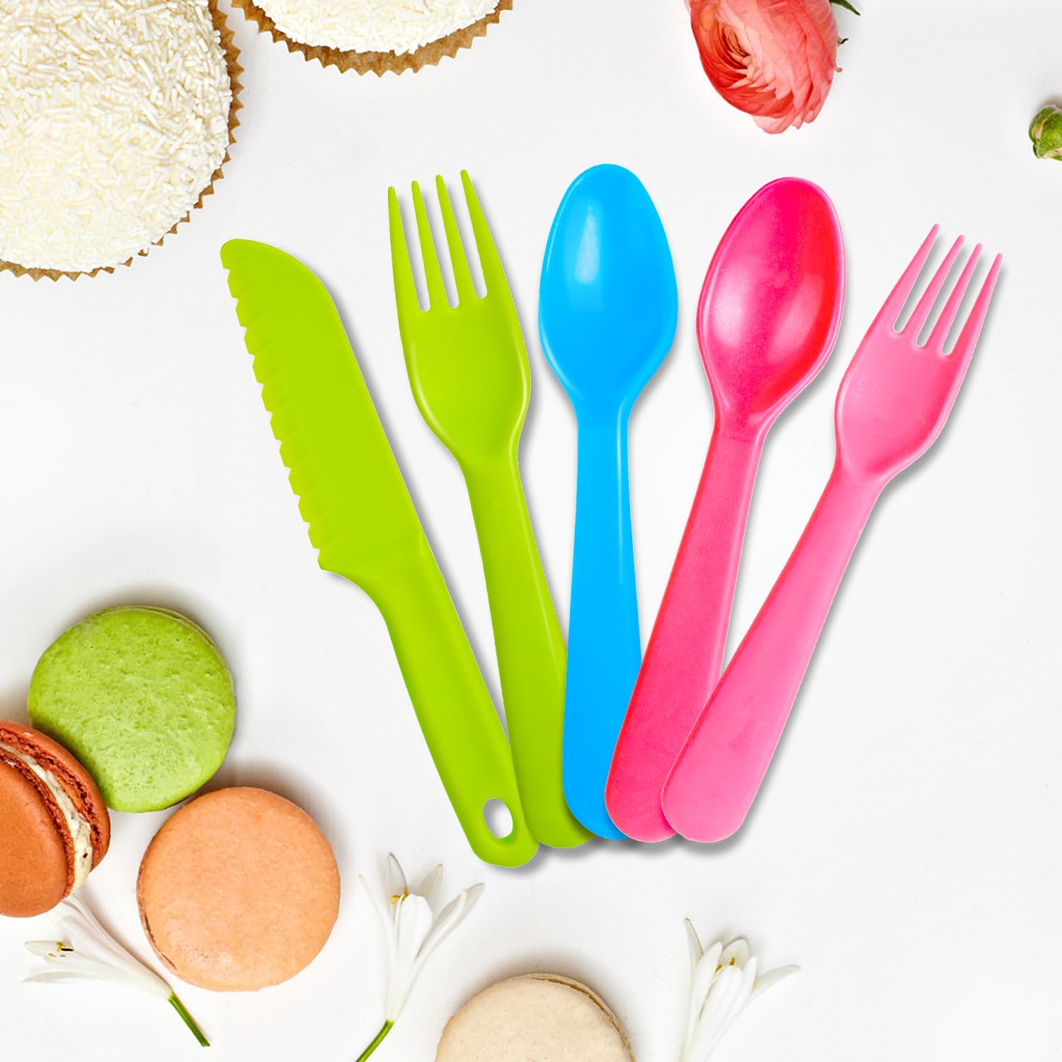 Jawbush 16-Piece Kids Plastic Utensil Set - 8 Forks & 8 Spoons | BPA-Free, Dishwasher Safe Toddler Silverware for School Lunch Boxes, Picnics & Family Meals | Colorful Reusable Children's Cutlery