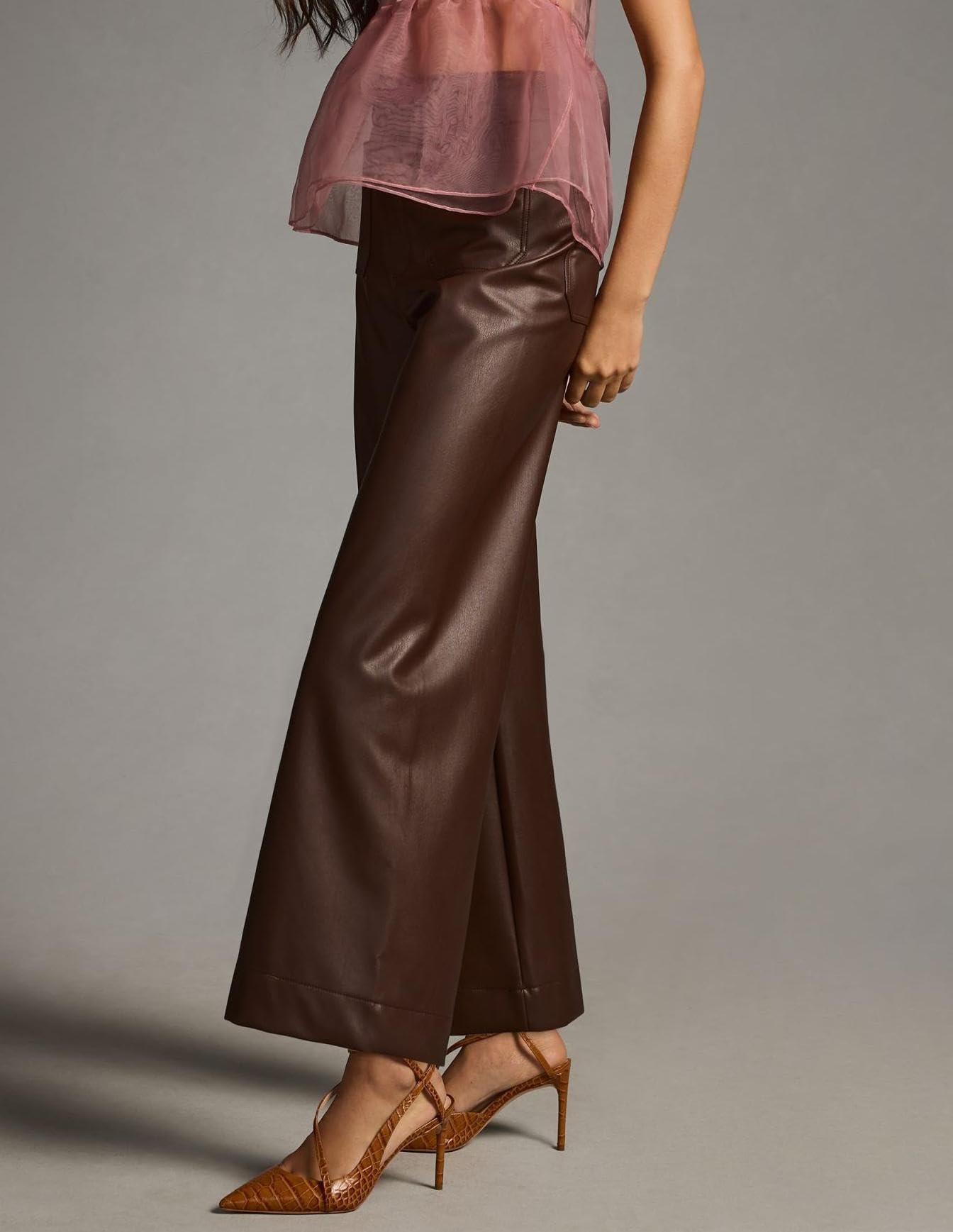 Women's High Waisted Faux Leather Pants - PU Wide Leg Trousers with Pockets | Straight Leg Stretch Pants for Work, Night Out & Casual Wear