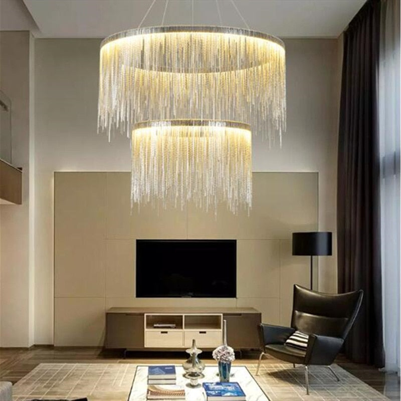 Modern Chain LED Chandelier for Living Room - Dimmable Hanging Light Fixture with Adjustable Height for Dining Room, Bedroom, or Entryway