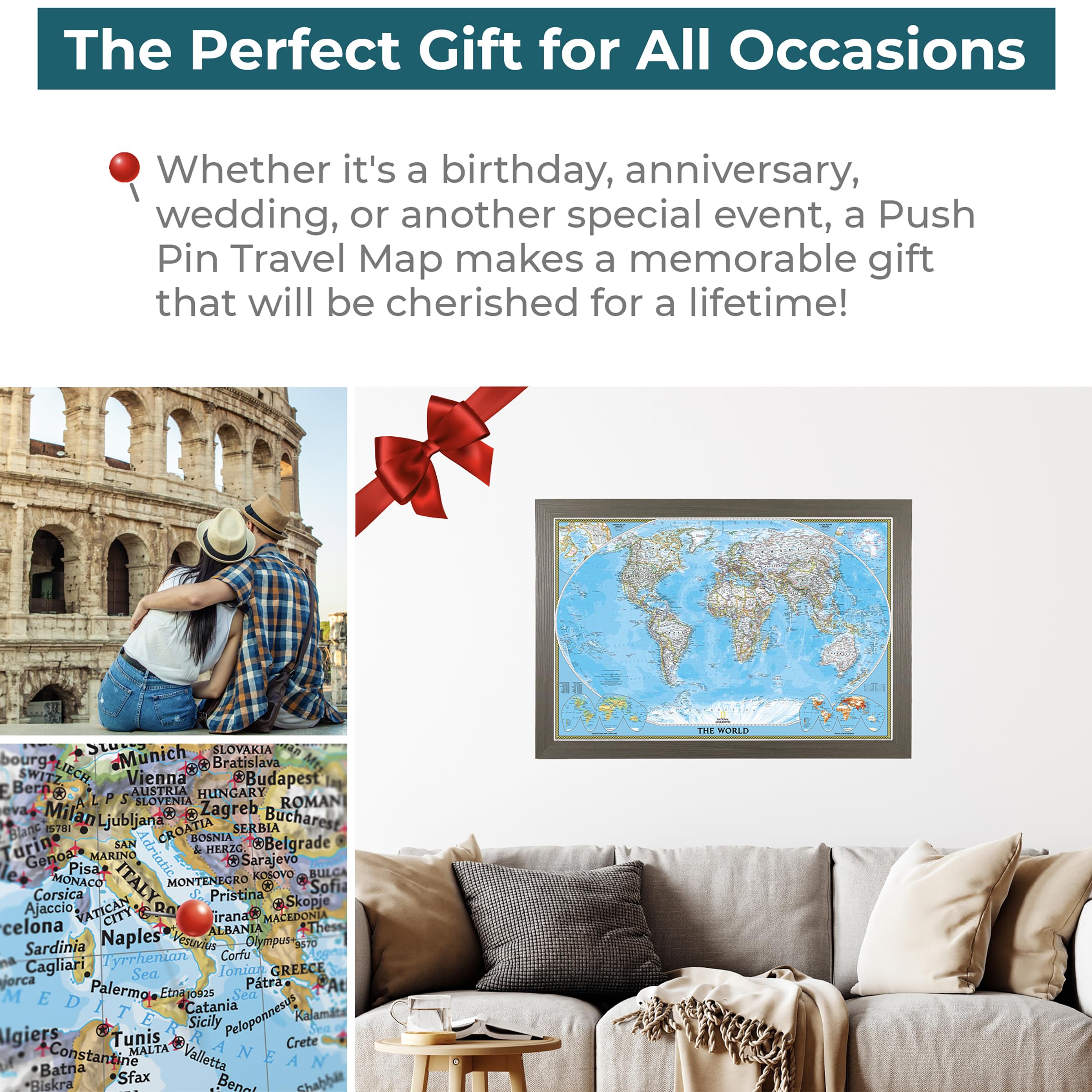 Push Pin Travel Map - Classic World Barnwood Gray with 150 Pins for Tracking Adventures - 27.5