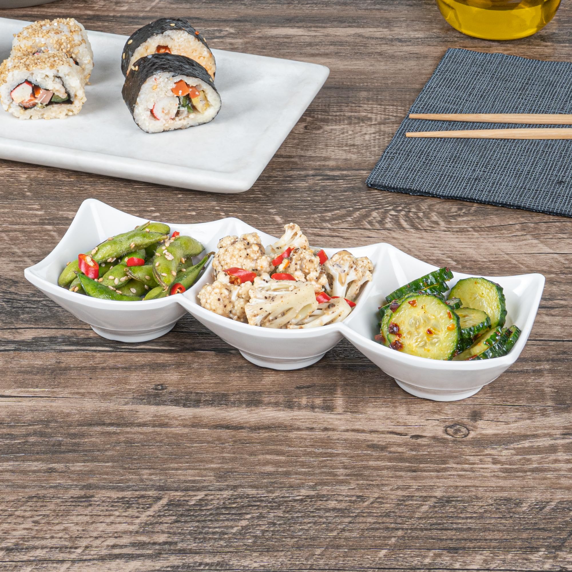 Voga 8.5 oz Square Melamine Serving Dishes - 3 Compartment Appetizer Plates for Dips, Snacks & Condiments | Durable Restaurantware for Catering, Parties & Home Entertaining