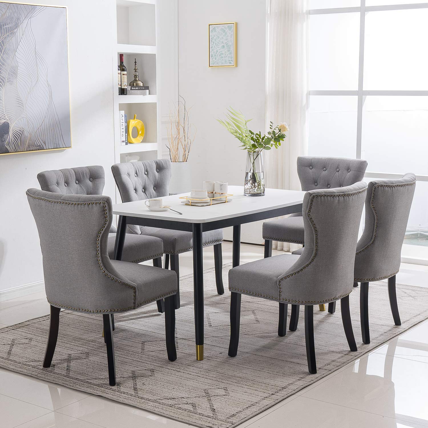 Gray Mid Century Modern Dining Chairs Set of 4 - Tufted Wingback Upholstered Fabric Kitchen Chairs with Solid Wood Legs - Perfect for Dining Room, Kitchen Island & Breakfast Nook