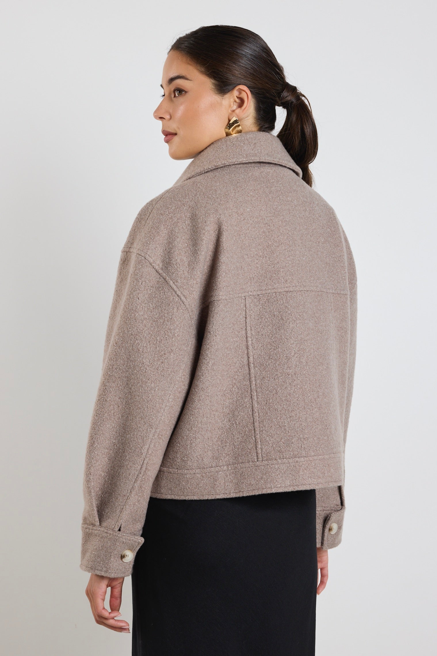 Stylish Taupe Boucle Trucker Jacket for Women - Trendy Denim Driver Jacket with Comfortable Fit - Perfect for Casual Outings, Road Trips & Fall Layering
