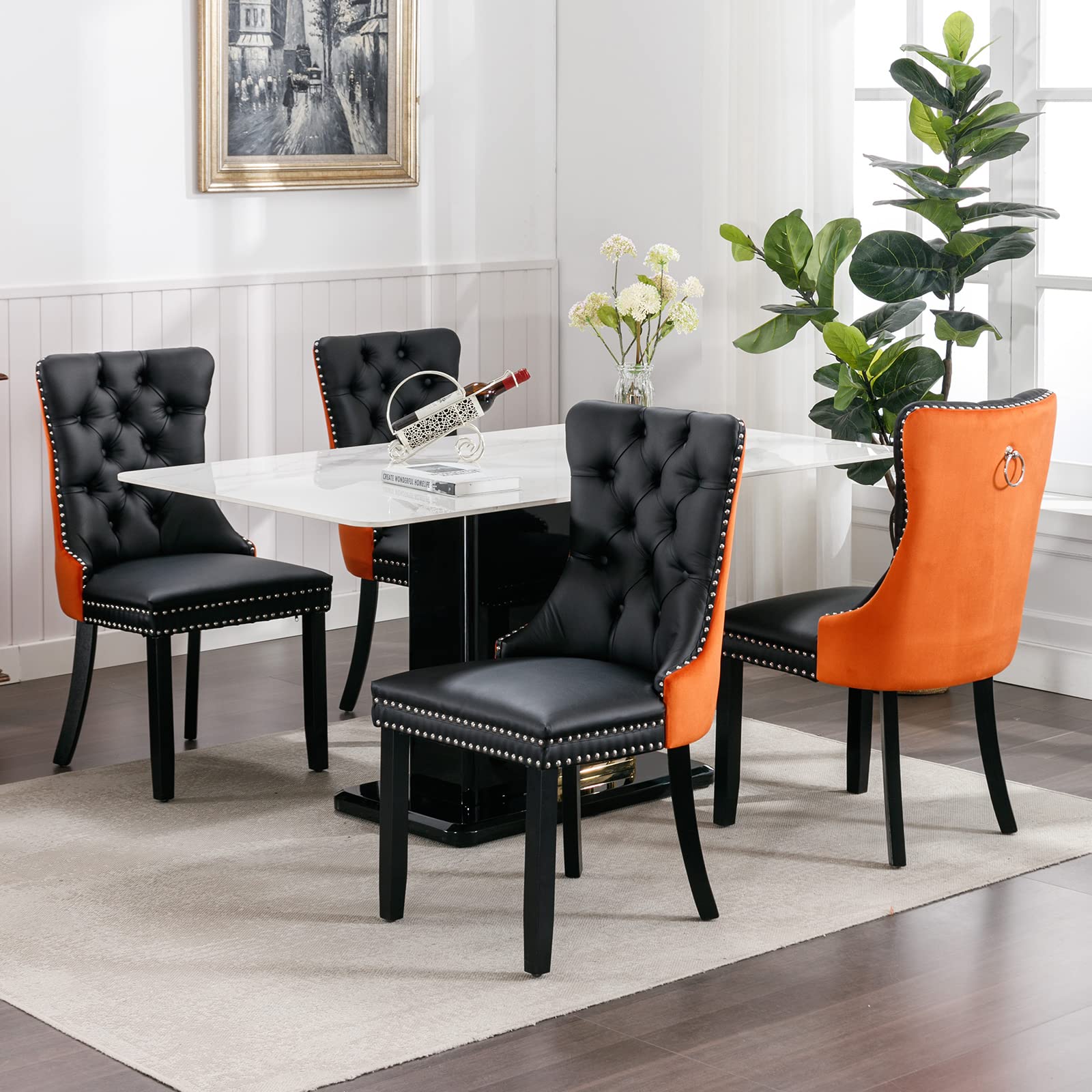 Luxury Velvet & PU Leather Dining Chairs Set of 6 - Tufted Upholstered Kitchen & Dining Room Chairs with Solid Wood Frame (Black & Orange) - Perfect for Modern Homes, Restaurants & Office Break Rooms