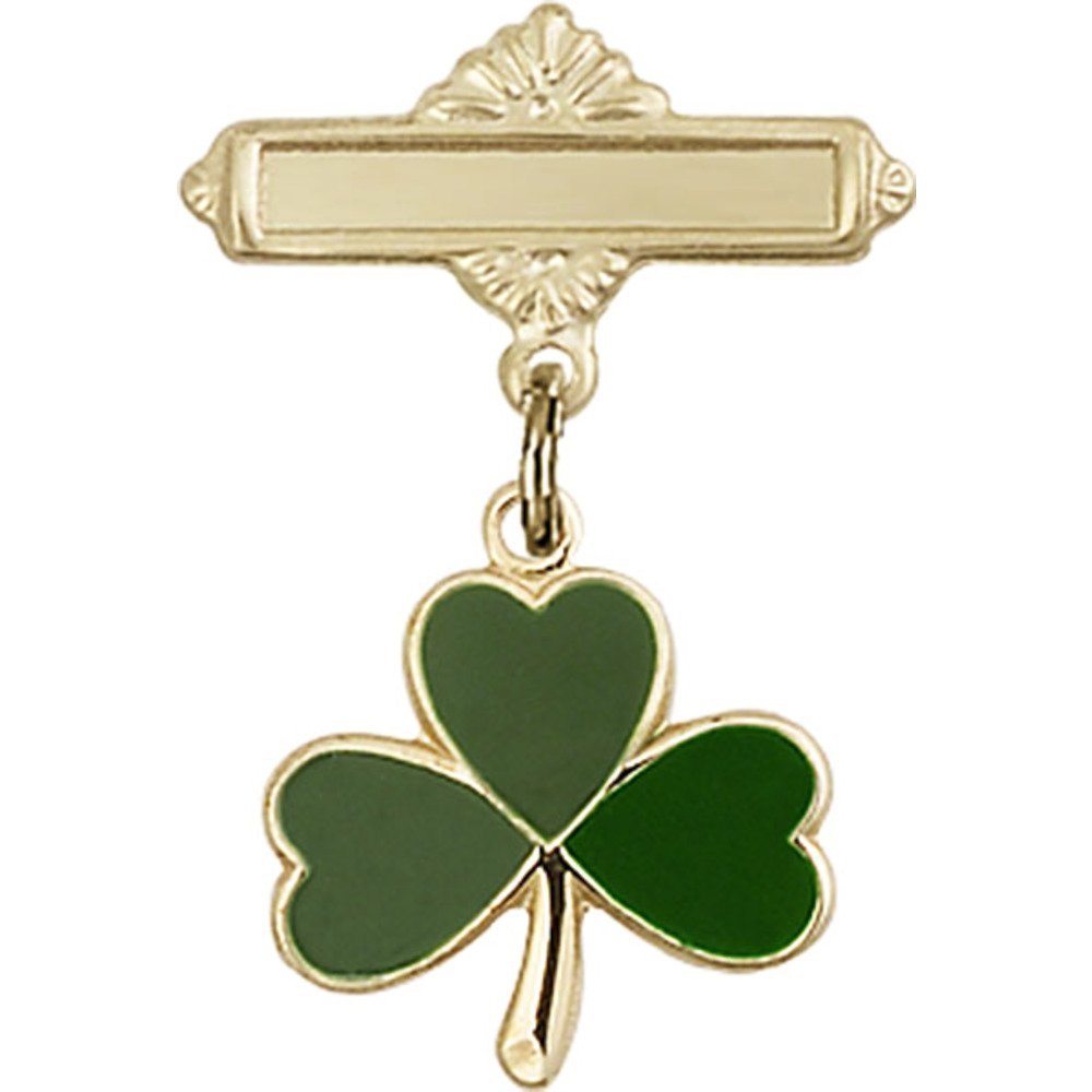 Gold Filled Baby Badge with Shamrock Charm - 1 X 5/8 Inch Polished Pin for Newborns, Christening Gifts & Irish-Themed Celebrations