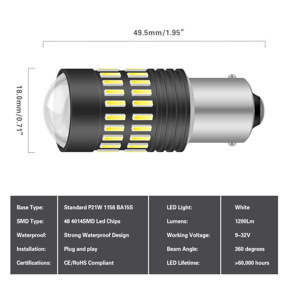 1156 BA15S 7506 1095 1141 LED Bulbs - 2400LM Super Bright 48-SMD 4014 LED Chipsets with Projector Lens - Xenon White Backup Lights for Reverse, Tail, Brake, RV Lights (Pack of 2) - Perfect for Trucks, SUVs, Trailers & Marine Vehicles