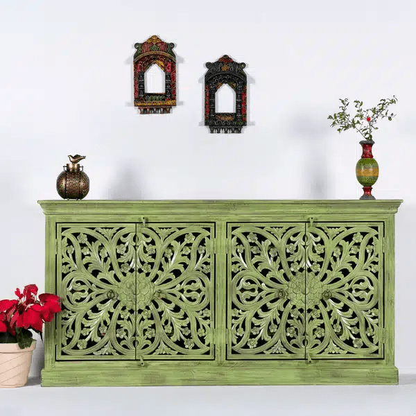 Hand Carved Solid Wooden Floral Green Sideboard Buffet | Indian Wooden Furniture for Dining Room, Living Room & Entryway Storage | Vintage Home Decor