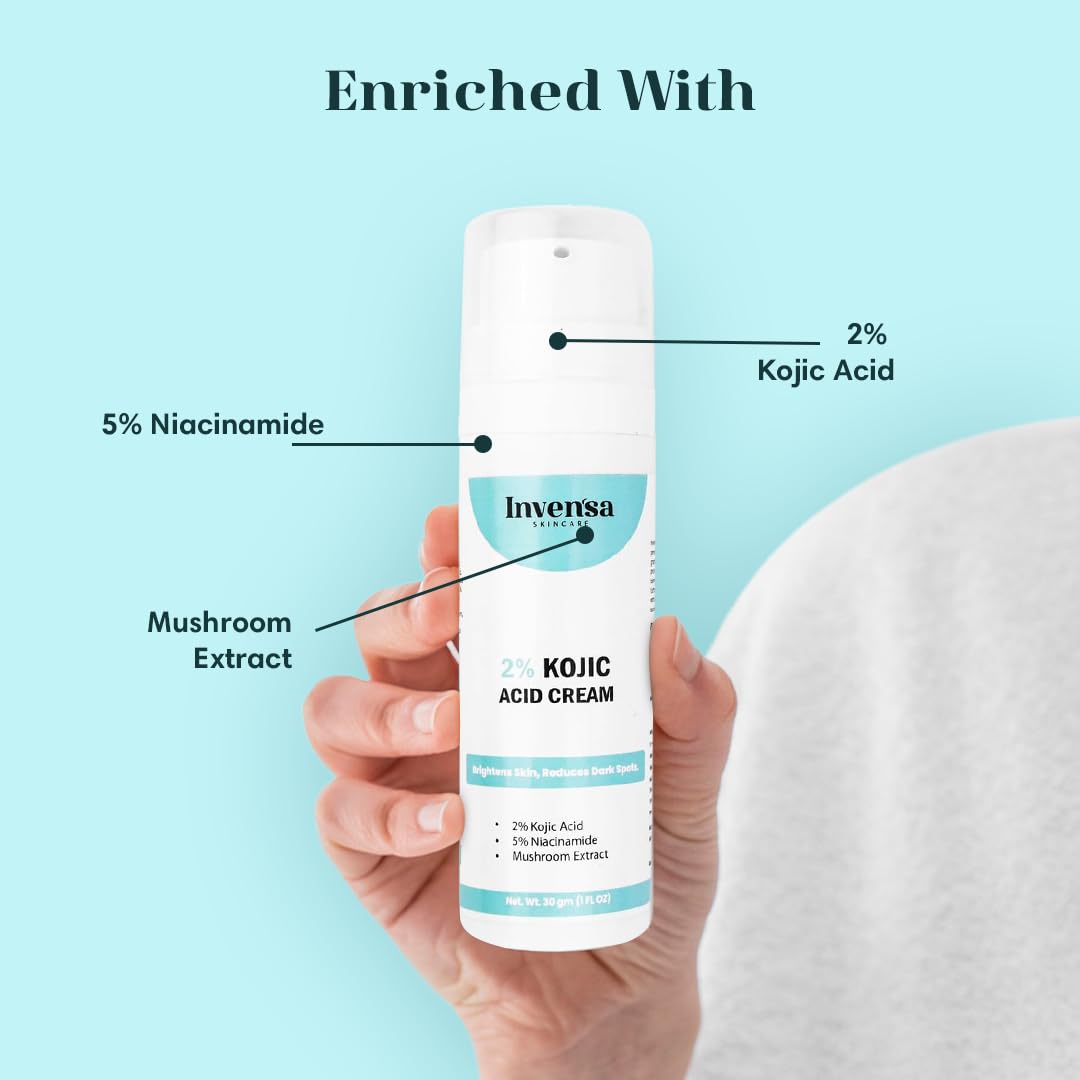 Invensa 2% Kojic Acid Face Cream for Pigmentation & Dark Spots - Brightening, Anti-Aging Treatment for Uneven Skin Tone & Sun Damage - Non-Greasy Formula for Men & Women (30g) - Perfect for Daily Skincare Routine & Nighttime Use