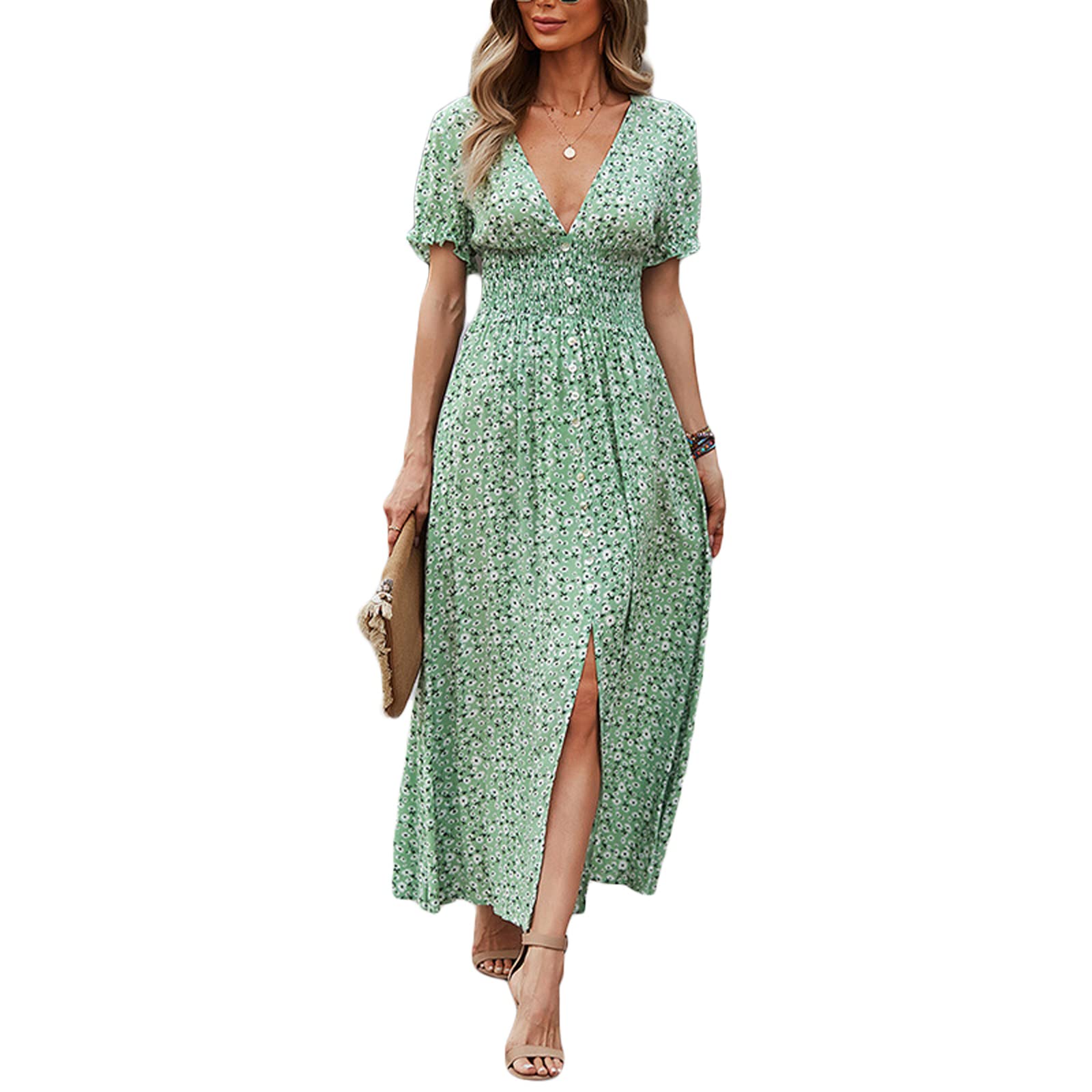 Women's Floral Maxi Dress - Sleeveless Deep V-Neck Ruched Summer Split Dress for Beach, Vacation & Casual Outings
