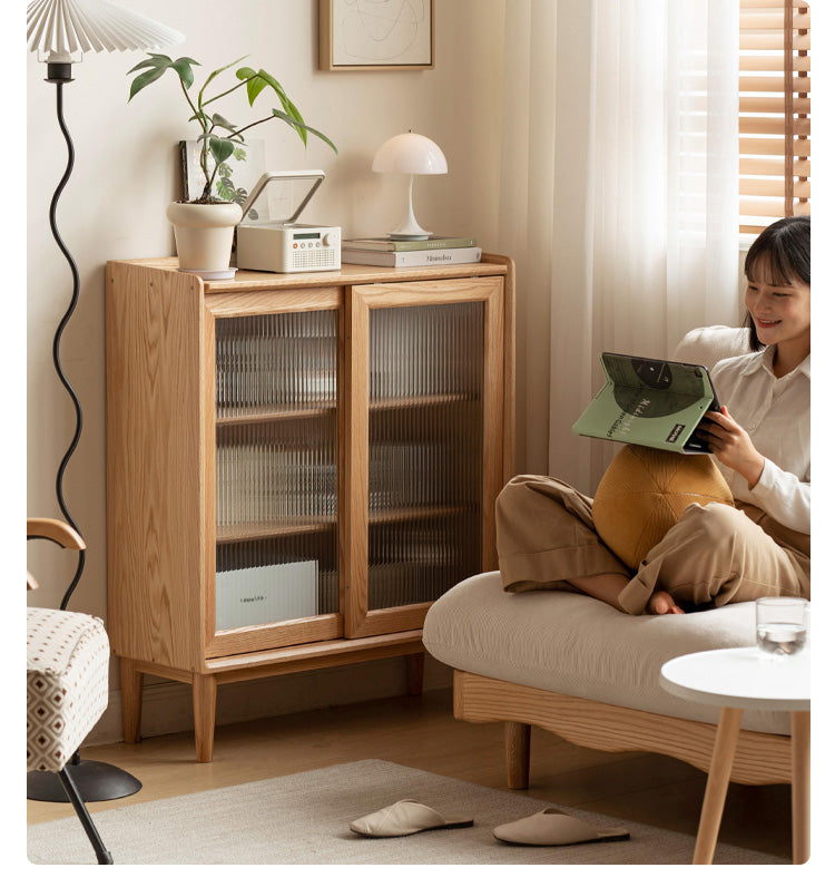 Solid Oak Wood Sideboard with Sliding Doors - Stylish Storage for Dining Room, Living Room, or Entryway