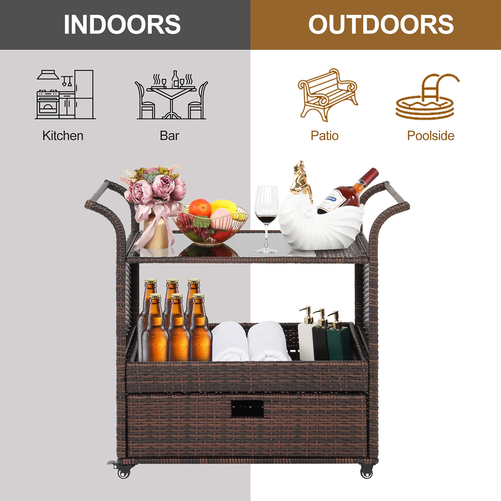 Outvita Outdoor Rolling Wicker Bar Cart with Storage Basket & Lockable Wheels - Rattan Beverage Cart with Glass Top for Patio, Poolside, Garden Parties & Home Entertaining