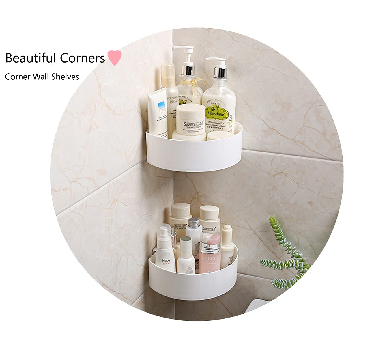 Wolpin Plastic Wall Shelves (2-Pack with 2 Soap Cases) - Round Corner Self-Adhesive Bathroom & Kitchen Storage Shelf - Multipurpose Wall Holder for Shower, Bathroom Organization - White - Perfect for Small Space Saving & Home Decor