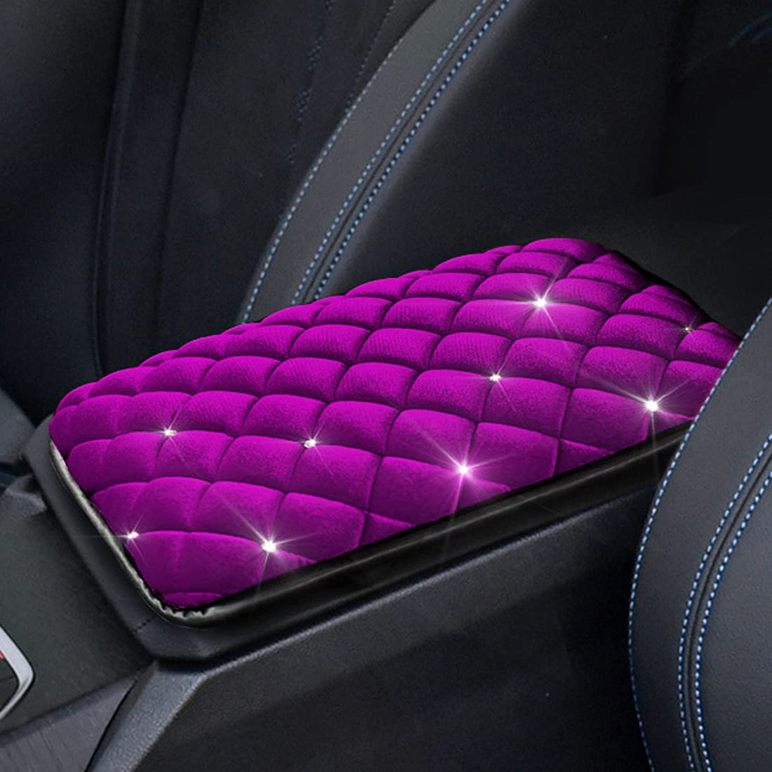 ESKONKE Car Armrest Cover with Soft Velvet & Shiny Diamonds - Center Console Cushion Pad for Winter Warmth - Violet Auto Interior Accessories for Sedans, SUVs & Trucks - Perfect for Commuting, Road Trips & Cold Weather Driving