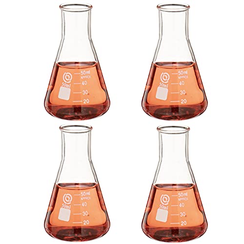 Premium 50mL Borosilicate Glass Erlenmeyer Flask Set - 4-Pack Graduated Narrow Neck Labware for Accurate Volumetric Measurements - Ideal for Chemistry Experiments, School Labs & Home Science Projects
