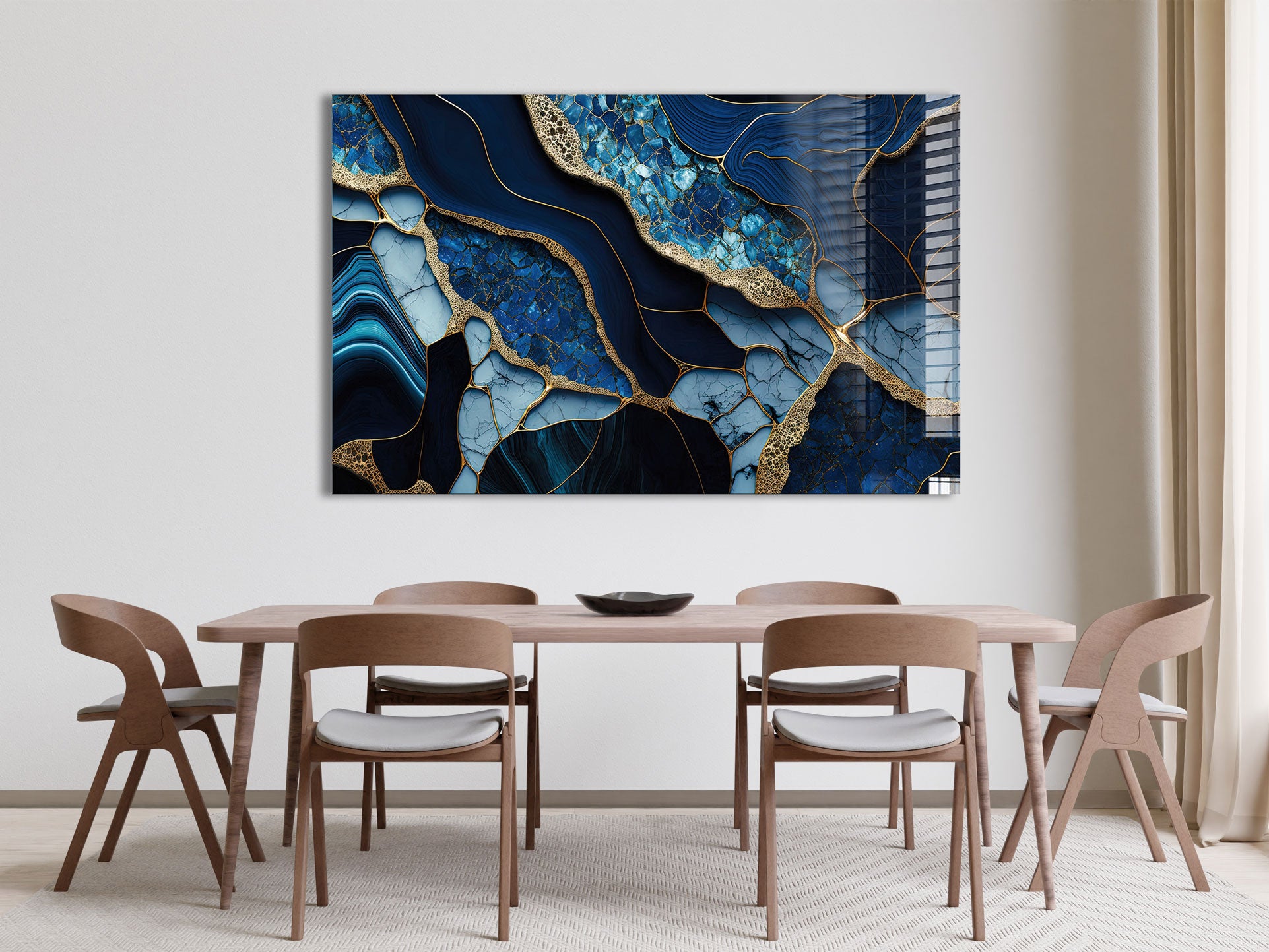 Golden Veined Blue Abstract Wall Art - Modern Canvas Painting for Home & Office Decor - Perfect for Living Room, Bedroom or Workspace