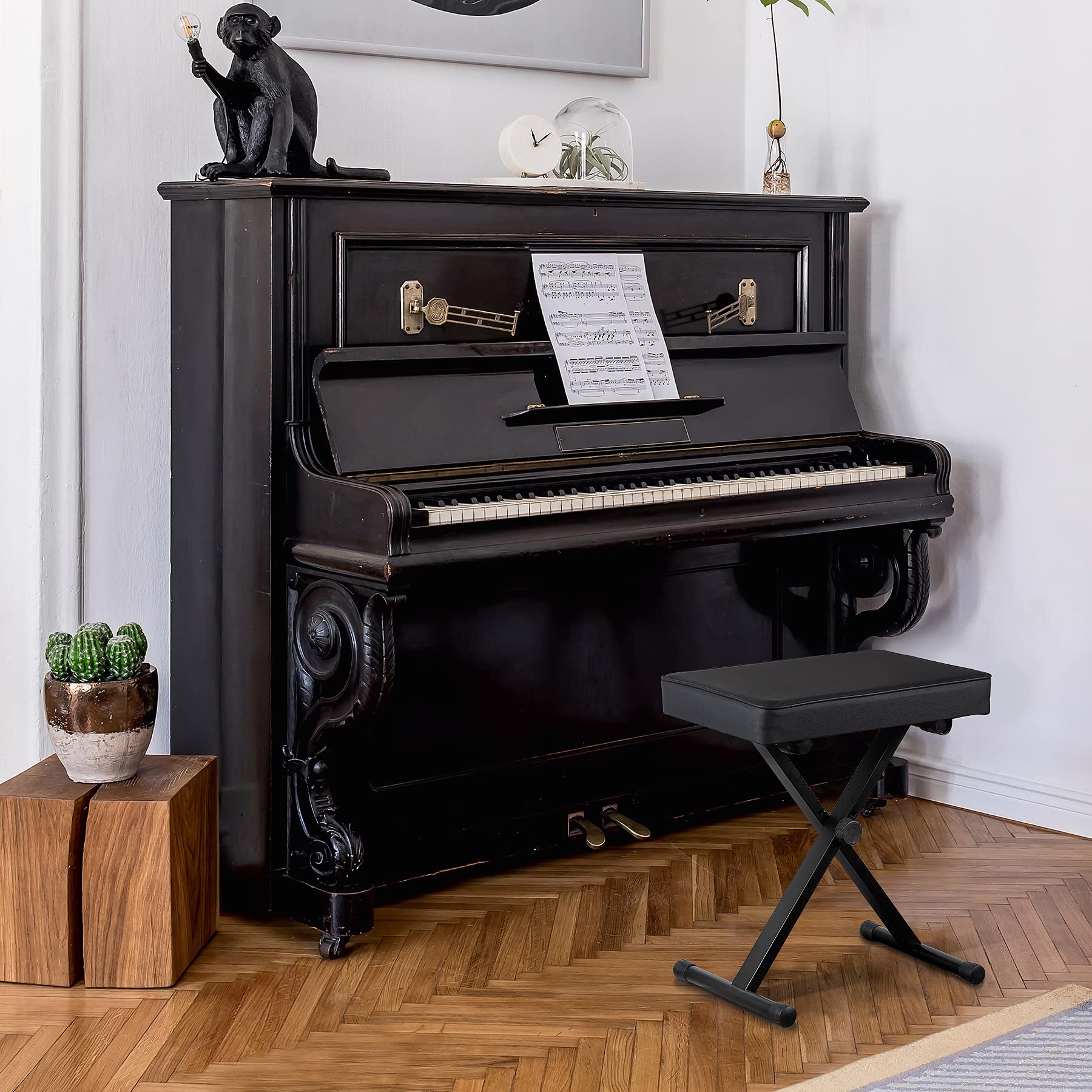 Adjustable Folding Padded Piano Bench - Portable Non-Slip Keyboard Stool with X-Style Frame | Perfect for Home, Studio & Travel Use - Black