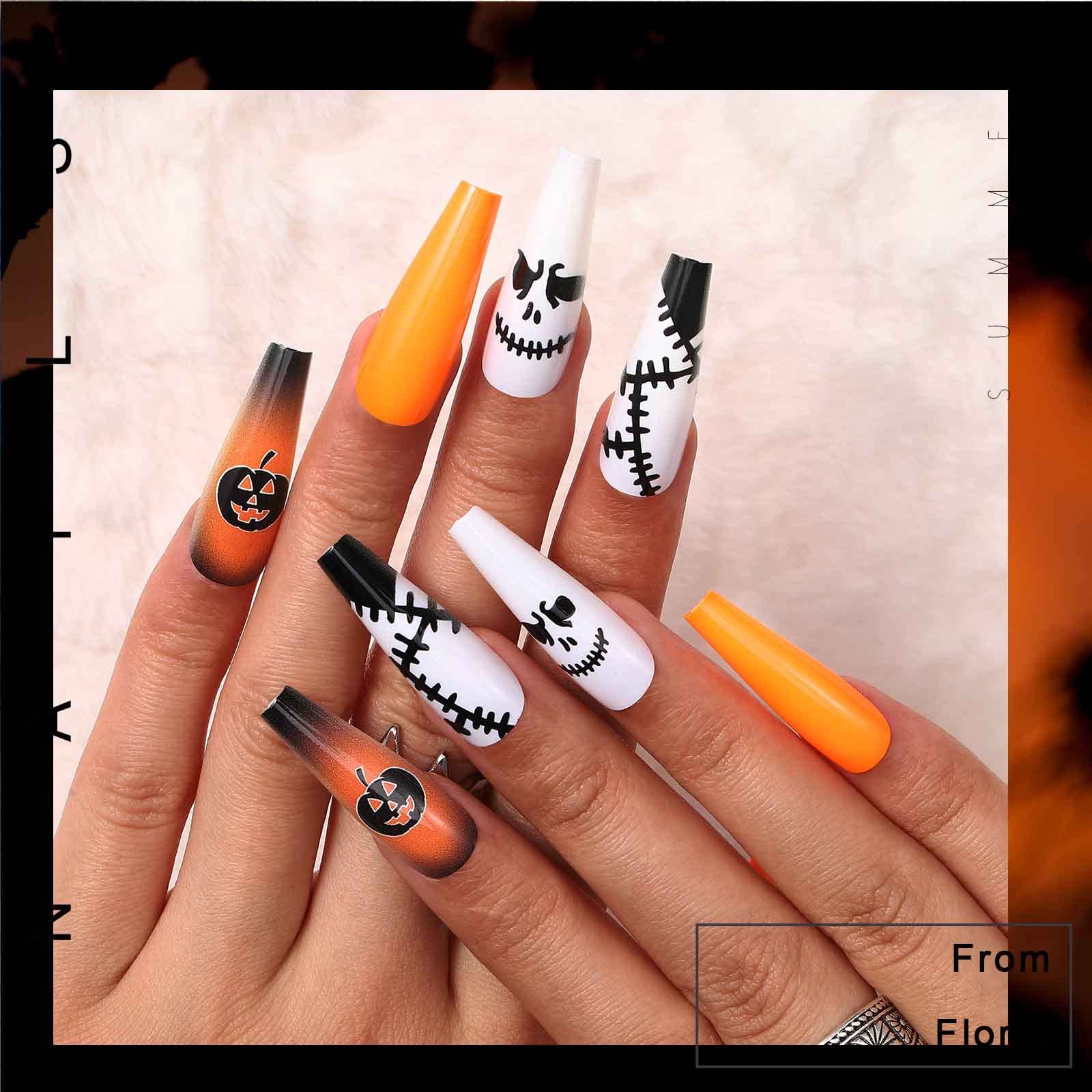 Florry Halloween Extra Long Press on Nails - Black Matte Coffin Fake Nails for Women & Girls (30Pcs, Pumpkin Design) | Perfect for Halloween Parties, Cosplay & Spooky Nail Art