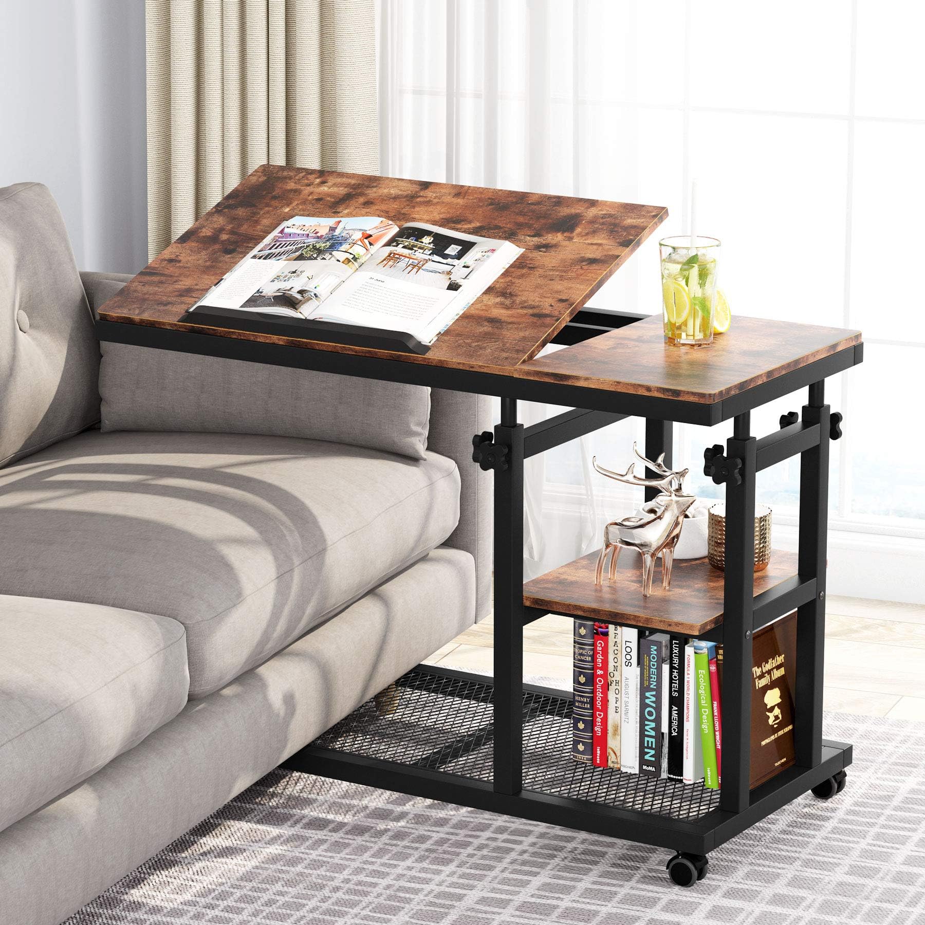 Tribesigns Adjustable Height C-Shaped Table with Wheels - Mobile Snack Side Table for Couch, Tiltable Drawing Board, Sofa & Bedside Laptop Stand, TV Tray with Storage Shelves (Brown) - Perfect for Living Room, Bedroom, Office & Small Spaces