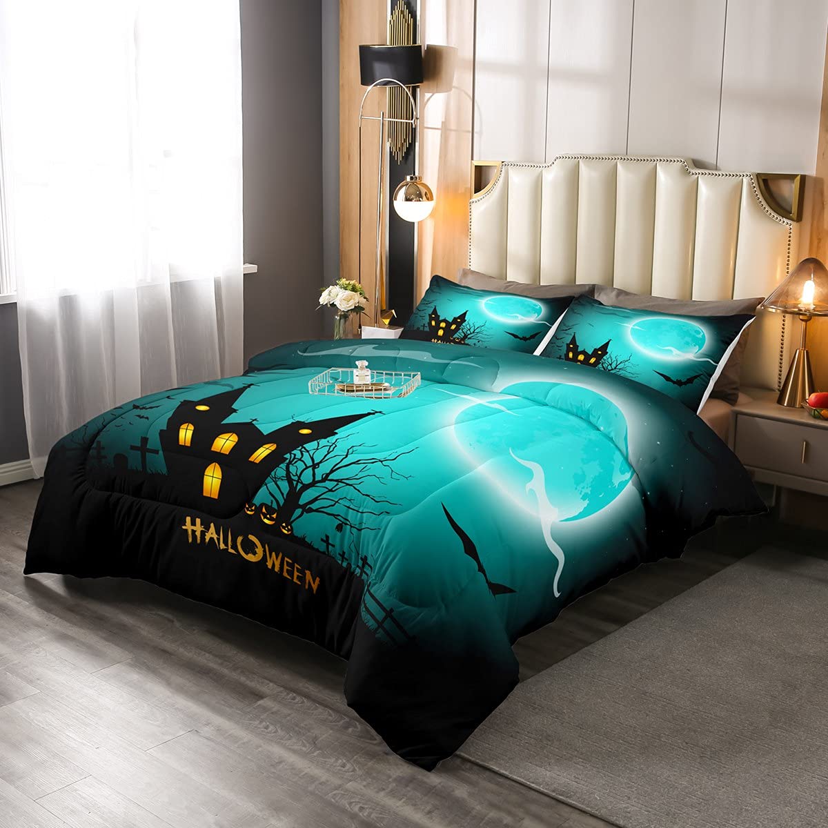 Halloween Comforter Set Full Size - Pumpkin Lantern & Castle Bats Moonlight Design, Kids Bedding for Boys & Girls, Includes 1 Down Comforter & 2 Pillowcases, Cemetery Cartoon Theme, Teal Blue Bedroom Decor - Perfect for Halloween Parties, Spooky Sleepovers & Themed Room Makeovers