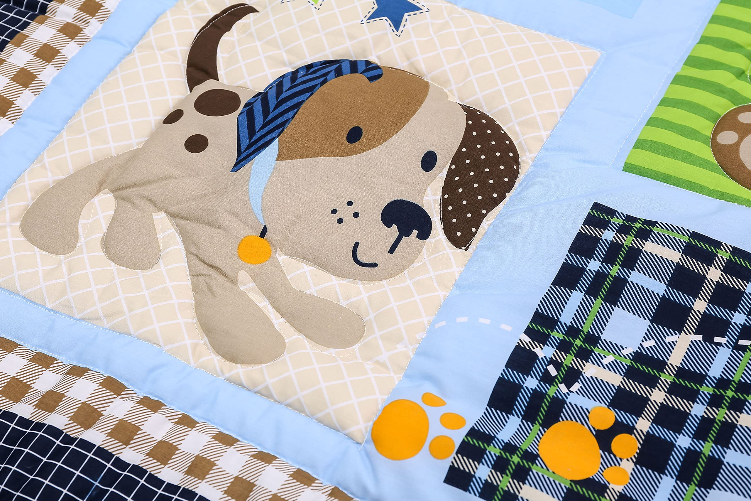 5-Piece Blue & Grey Sports Theme Nursery Crib Bedding Set for Baby Boys - Baseball, Basketball & Soccer Embroidery - Includes Quilt, Fitted Sheet, Crib Skirt, Valance & Changing Pad Cover (28