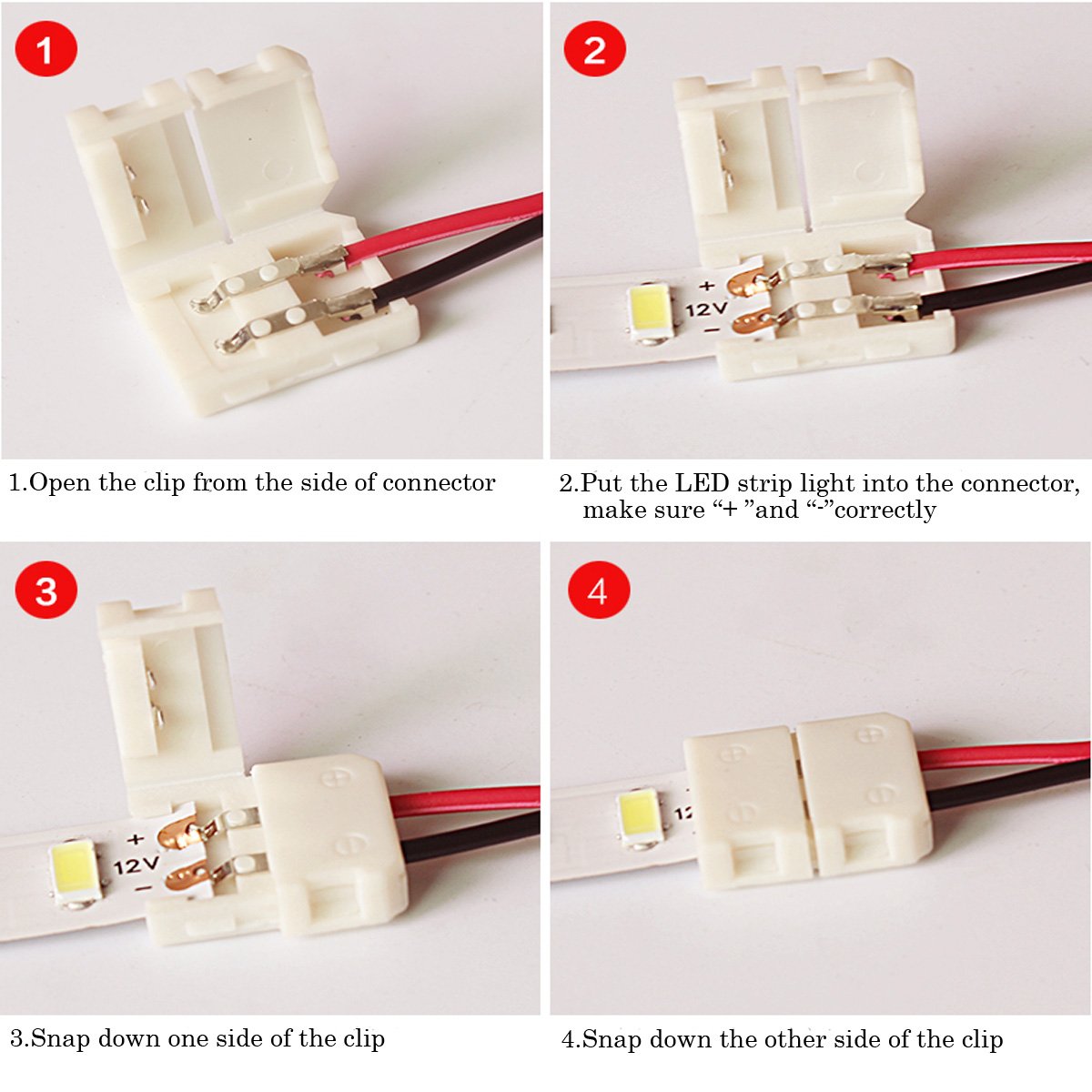 8mm 2 Pin LED Strip Light Connector with Pigtail (10pcs) - Solderless Clamp Adapter for 3528/2835 SMD LED Tape - DIY Home Lighting, Cabinet, Under Cabinet, and Decorative LED Strip Installation