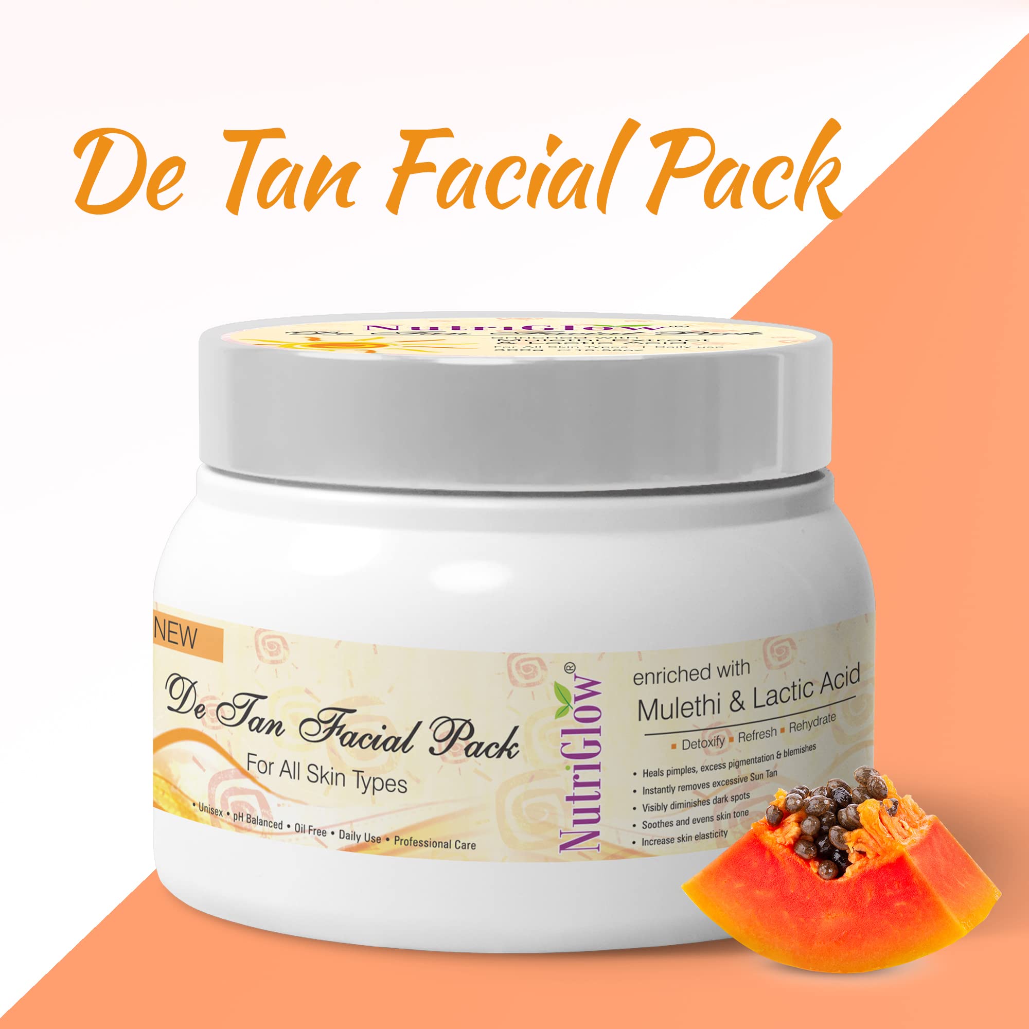 NutriGlow De Tan Facial Pack with Mulethi & Lactic Acid - Tan Removal, Exfoliation, Acne Treatment for All Skin Types (300g) | Brightens Skin, Reduces Blemishes & Pimples | Perfect for Daily Skincare & Post-Sun Care Routine