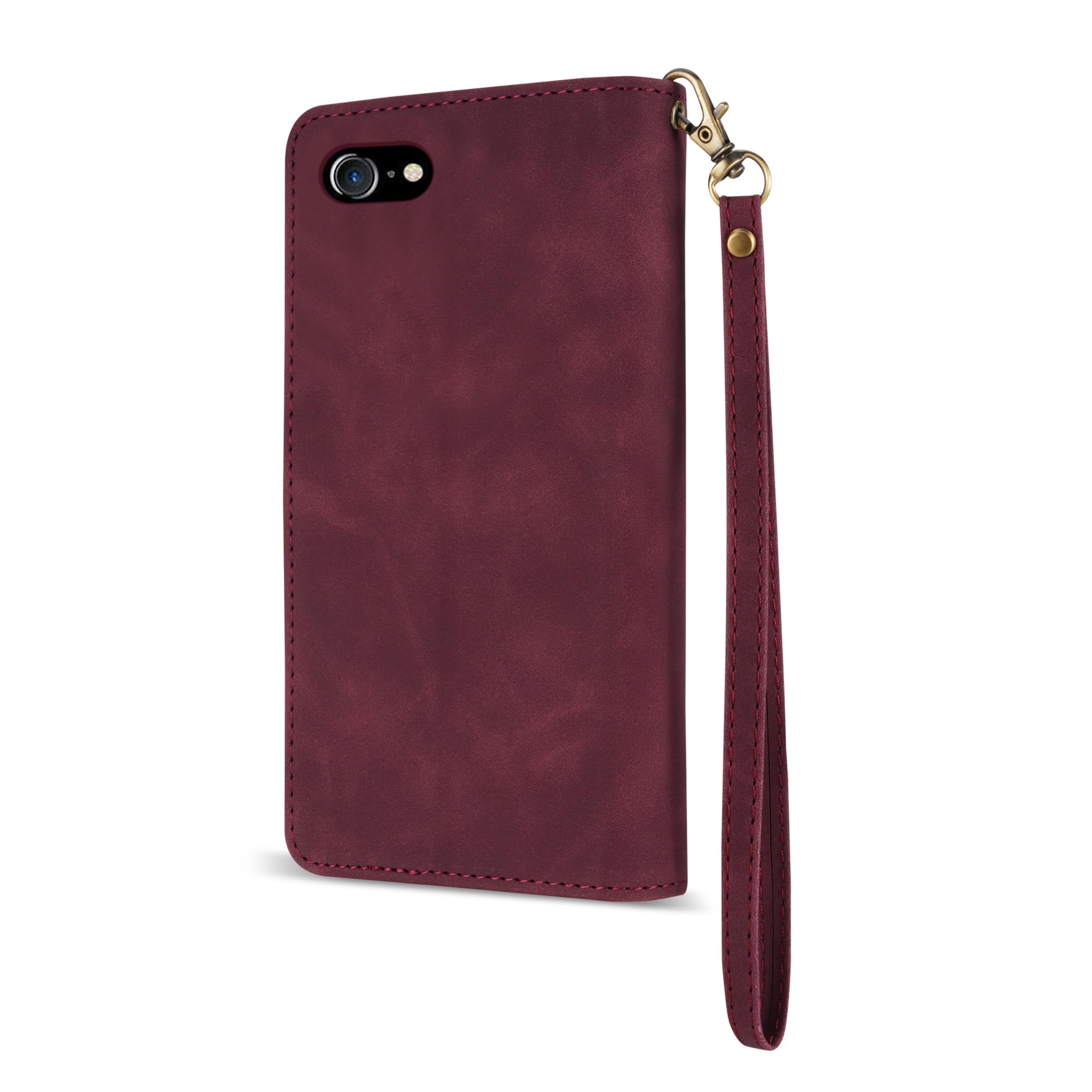 iPhone SE 2022/2020, iPhone 7 & iPhone 8 Wallet Case with RFID Blocking - PU Leather Zipper Flip Folio Cover with Wrist Strap & Kickstand (Wine Red, 4.7 inch) | Perfect for Travel, Commuting & Daily Protection