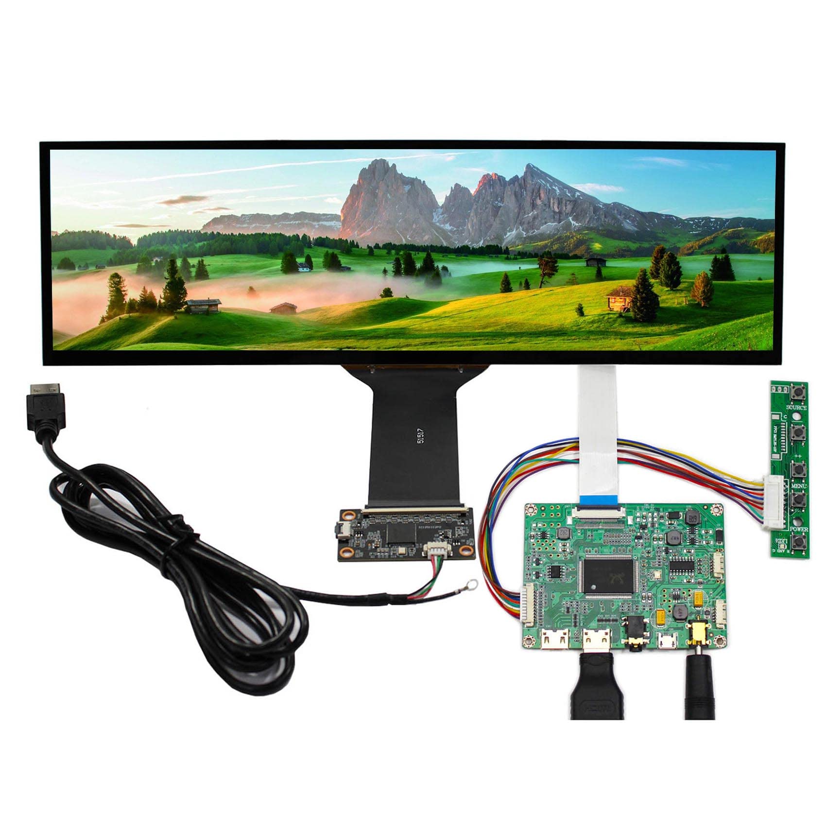 12.6 Inch NV126B5M-N41 IPS Touchscreen Monitor - 1920x515 Resolution with 2 Mini HDMI & Micro USB LCD Controller Board - Perfect for Industrial Control, Digital Signage, and DIY Projects