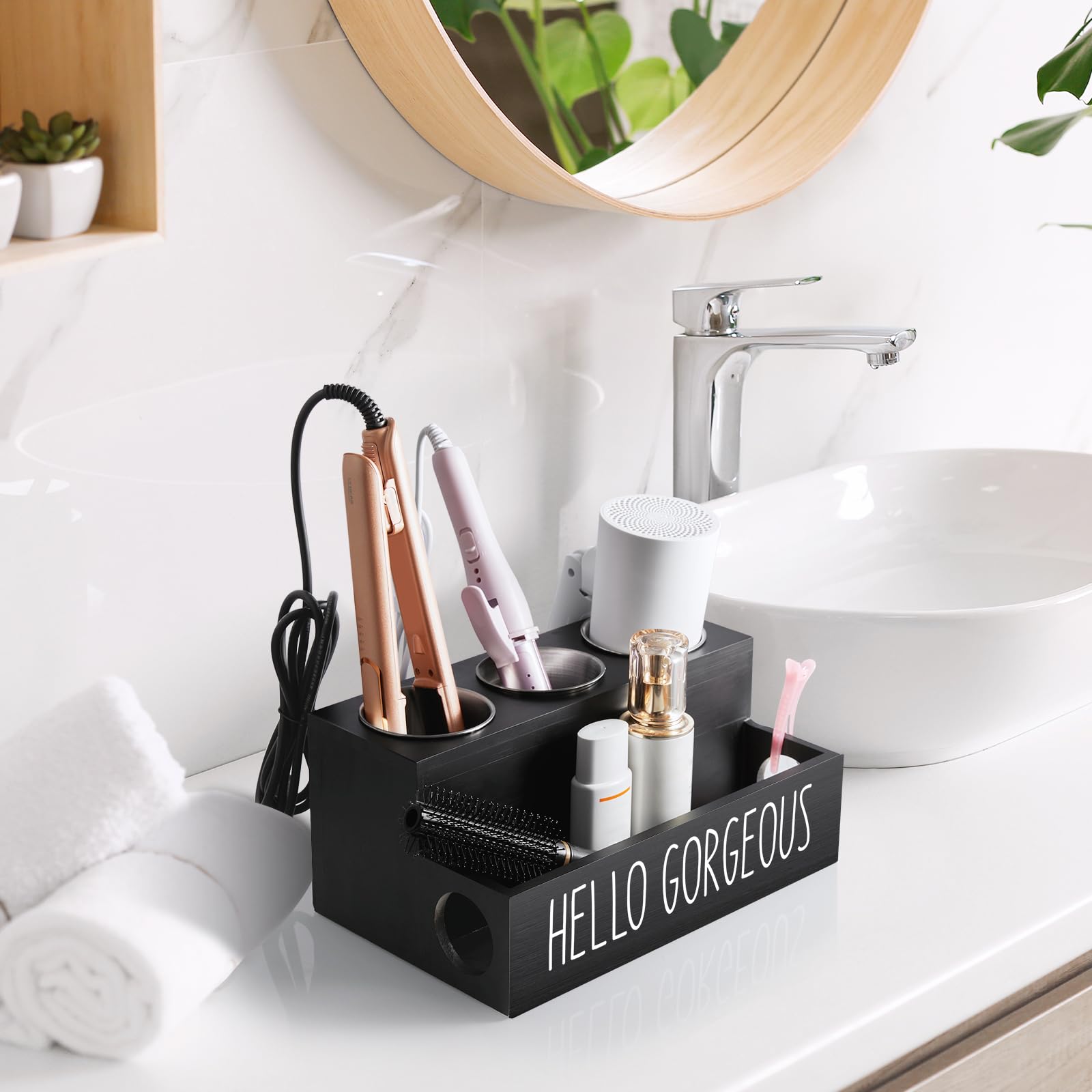 Wooden Hair Tool Organizer - Wall Mount & Countertop Holder for Hair Dryer, Curling Wand & Styling Tools | Bathroom Vanity Caddy | Perfect for Salon, Home & Travel Use (Black)