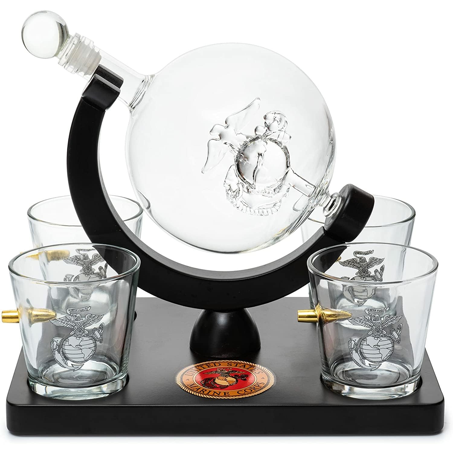 Premium U.S. Marine Globe Whiskey Decanter Set with 4 Crystal Glasses - Veteran Gift Box with Mahogany Wood Base & Military Emblem - Bourbon Scotch Decanter for Men, Military Dad Gifts, Patriotic Home Bar Decor (29oz) - Perfect for Veterans Day, Retirement Parties & Man Cave Whiskey Collections
