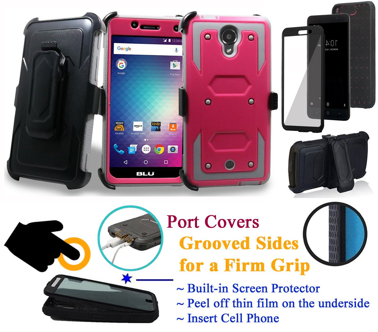 BLU Studio R1 HD Case - 360° Full-Body Protection with Screen Protector, Kickstand, Shock-Absorbing Bumper & Grip Sides in Pink - Perfect for Everyday Use, Travel & Outdoor Activities