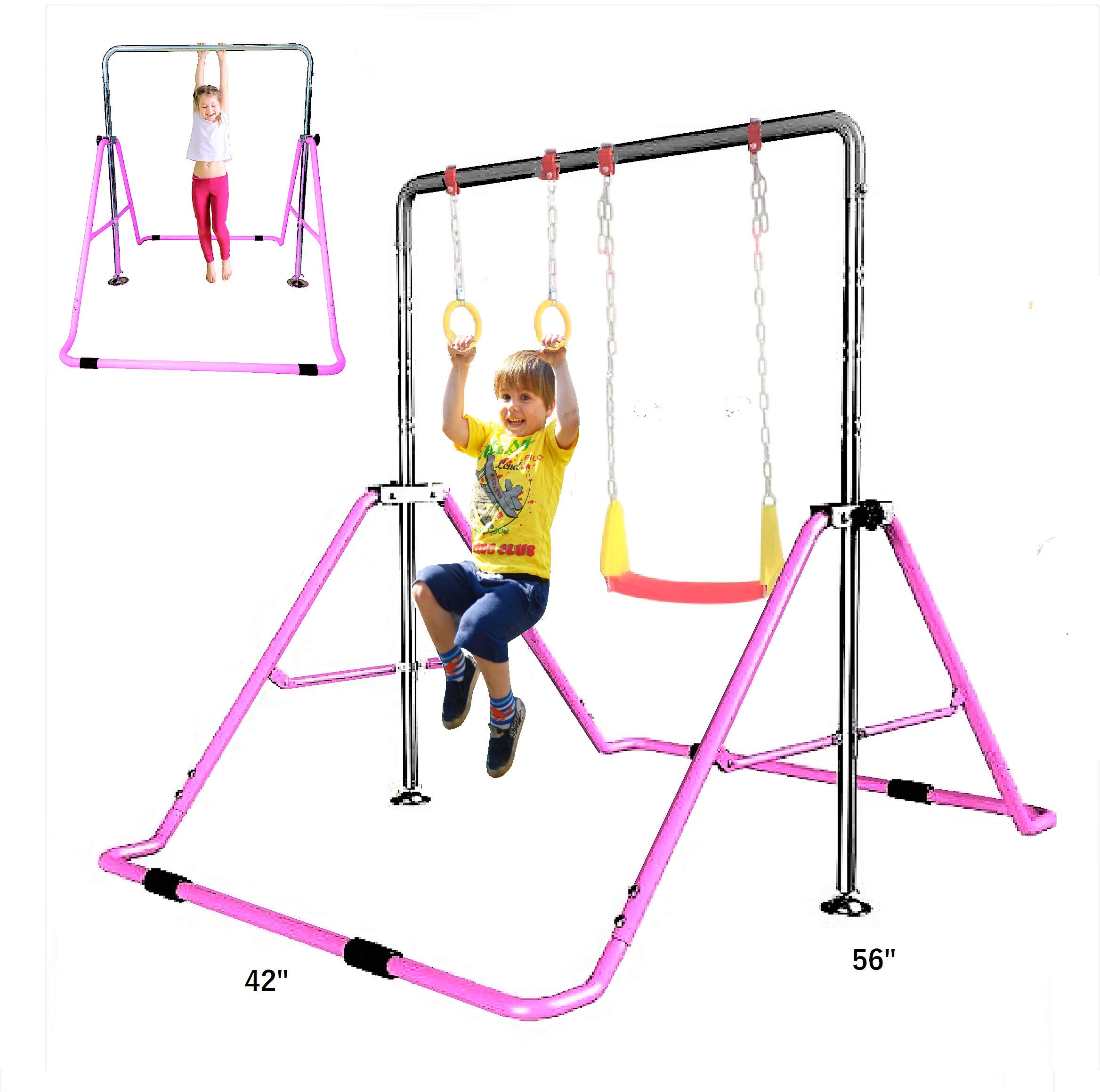 Kids Gymnastics Bar Set - Adjustable Monkey Bars, Swing Seat & Trapeze Rings for Indoor/Outdoor Play - Pink Training Equipment for Children's Pull-Up & Climbing Exercises - Perfect for Home Gym, Backyard & Playground Activities