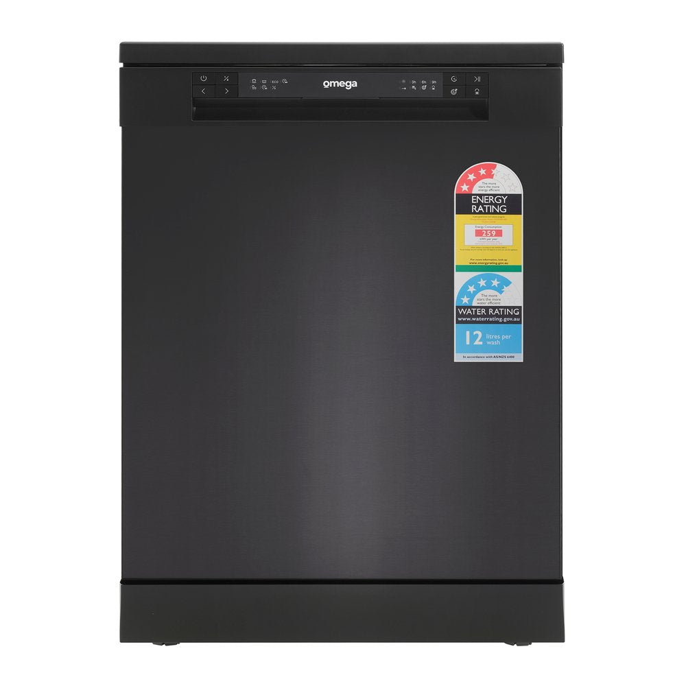 Freestanding Dishwasher 60cm Black Stainless Steel - Omega ODWF6014BX | Compact Kitchen Appliance for Small Homes & Apartments | Energy Efficient Dishwashing Solution