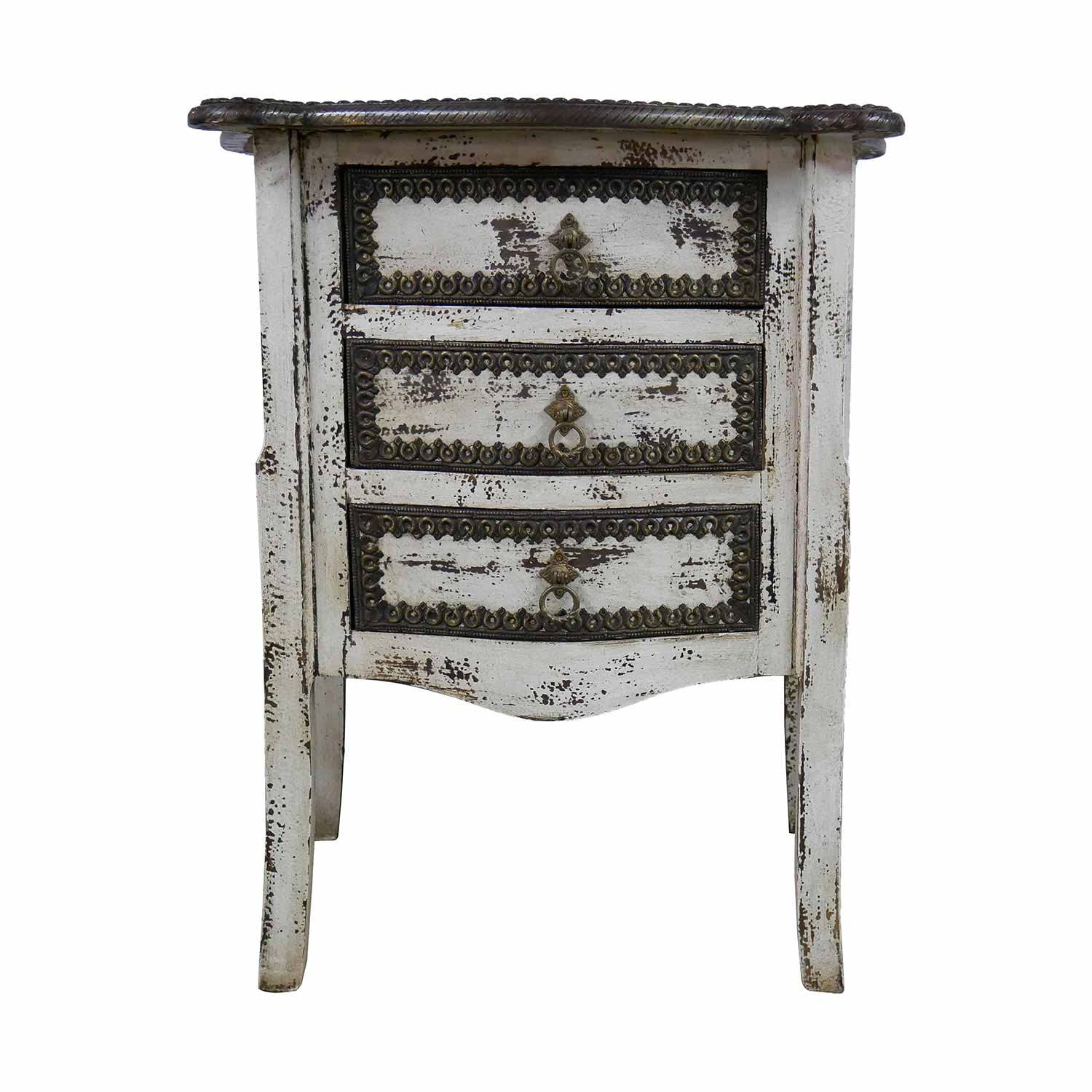 Distressed White Solid Wood 3-Drawer Nightstand with Brass Accents - Vintage Style Bedside Table for Bedroom, Living Room & Guest Room Decor