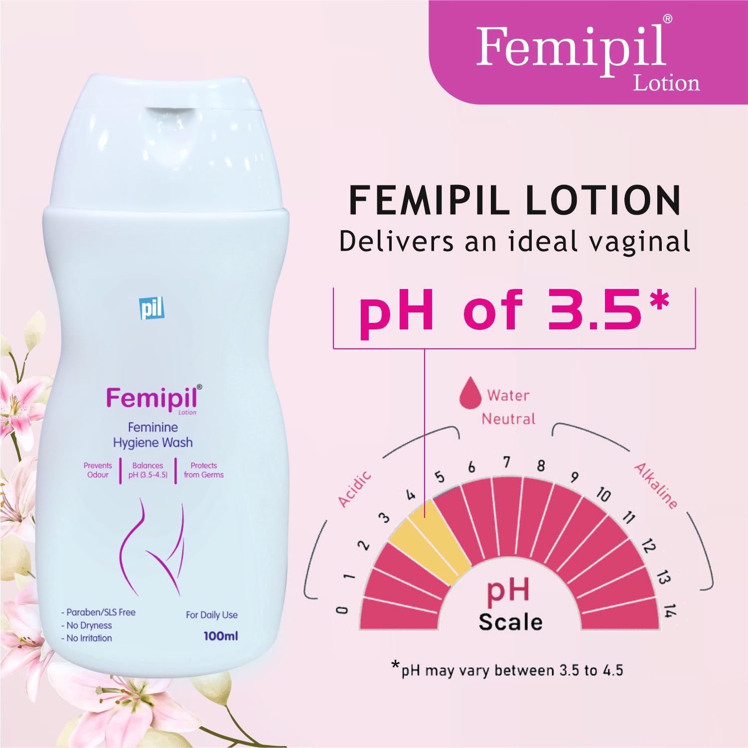 Pil Femipil Lotion - Intimate Wash for Women (100ml, Pack of 2) | Enriched with Vitamin E, Aloe Vera & Lactic Acid | Prevents Dryness, Itching & Irritation | Gentle pH-Balanced Feminine Hygiene for Daily Use & Post-Workout Care