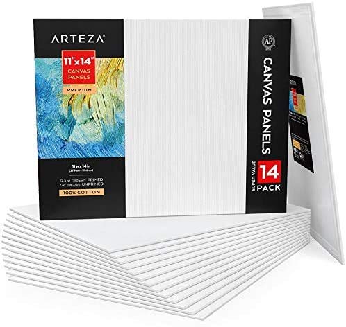 Arteza 11x14 Inch Canvas Boards for Painting - Pack of 14, 100% Cotton White Gesso-Primed Art Panels (12.3 oz) - Perfect for Acrylic Pouring, Oil Painting & Mixed Media Art - Ideal for Artists, Students & DIY Home Decor Projects