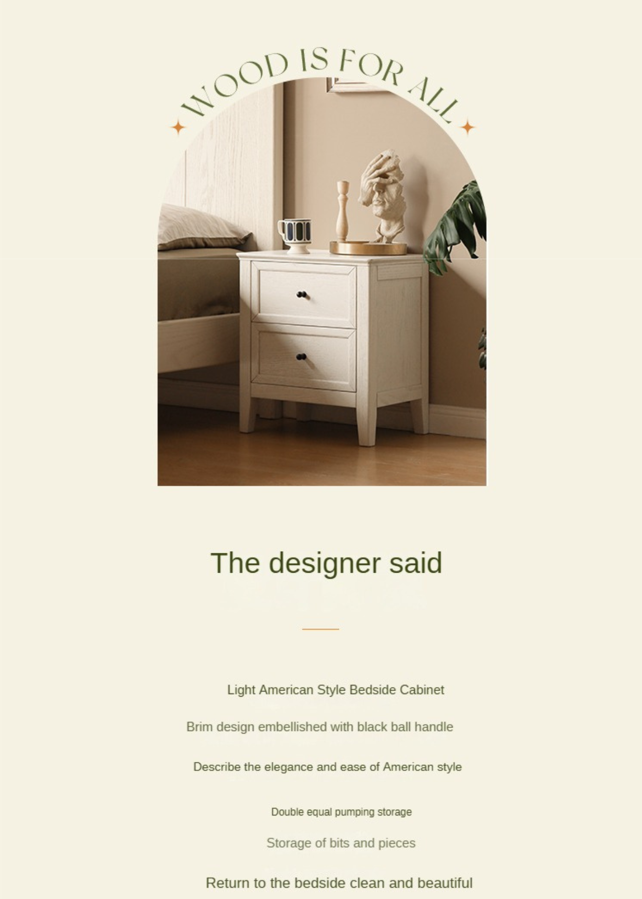Solid Oak Wood Nightstand - Cream Finish, American Style Bedside Table for Bedroom Decor & Storage