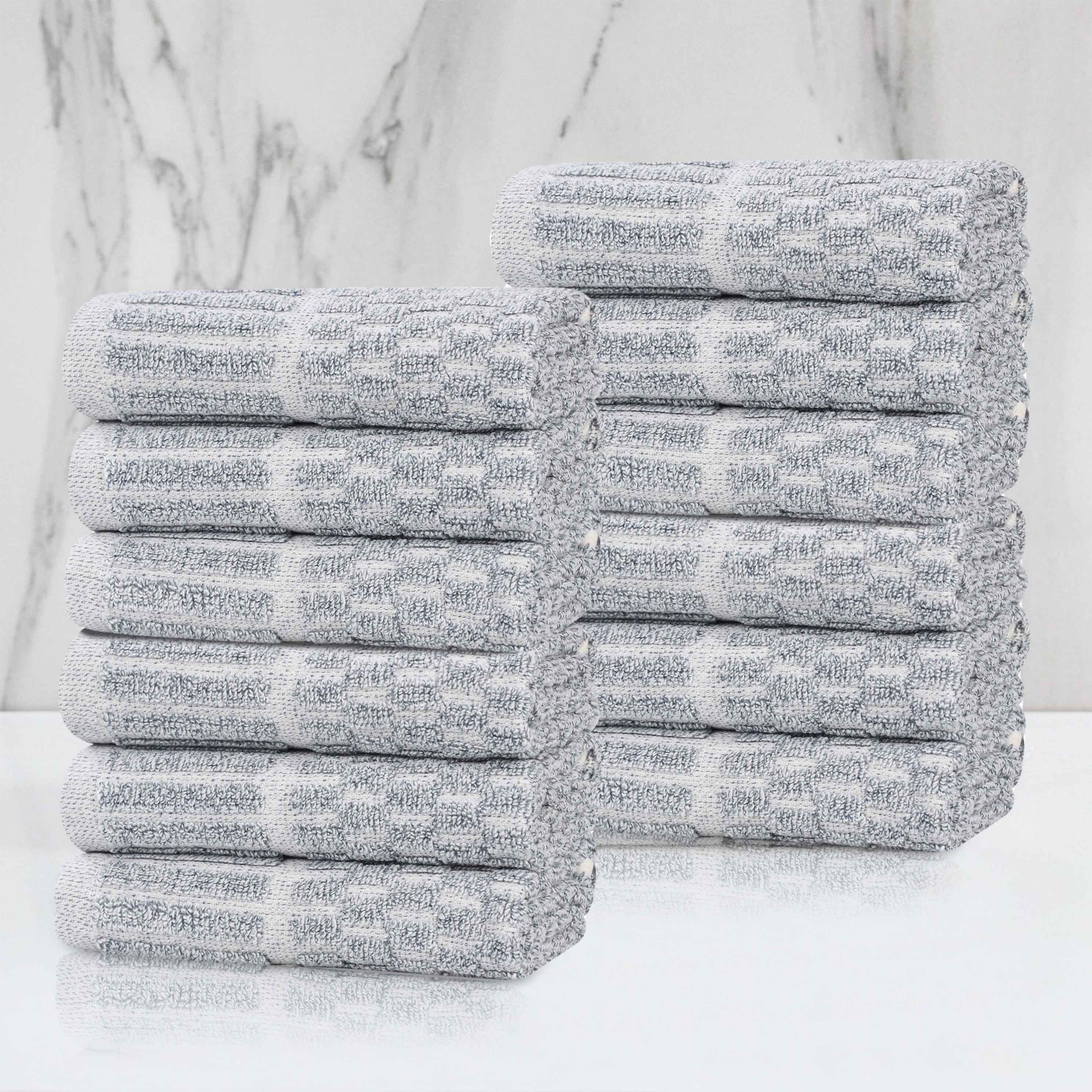 Premium 12-Pack Juno Cotton Blend Checkered Border Face Towels | Medium Weight, Soft & Absorbent | Perfect for Bathroom, Spa, Gym & Travel