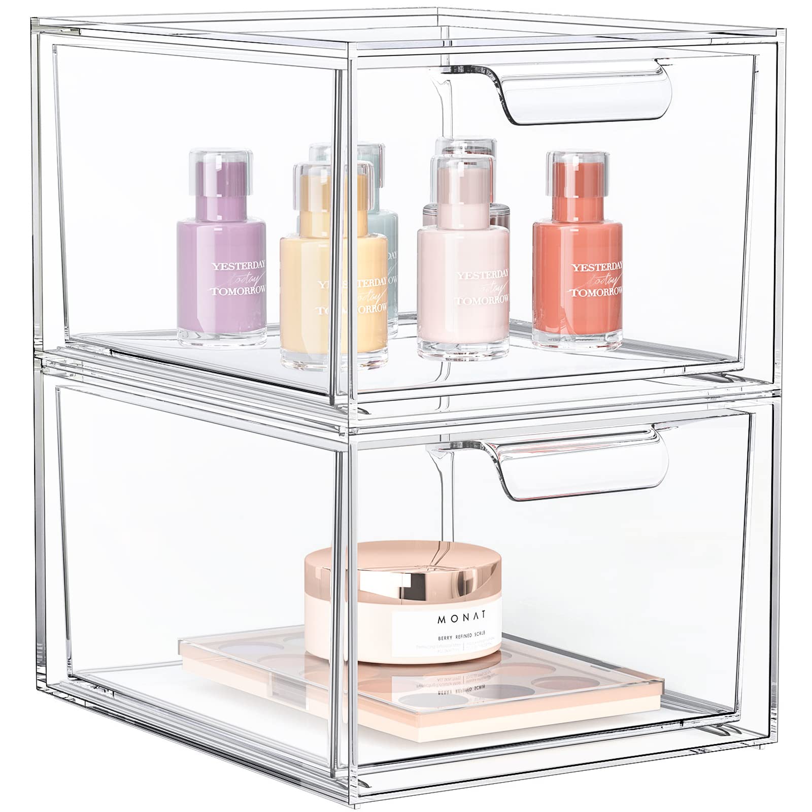 2 Pack Clear Acrylic Stackable Makeup Organizer with Handles - Plastic Storage Drawer for Vanity, Bathroom, Kitchen & Pantry - Perfect for Cosmetics, Jewelry & Small Item Organization
