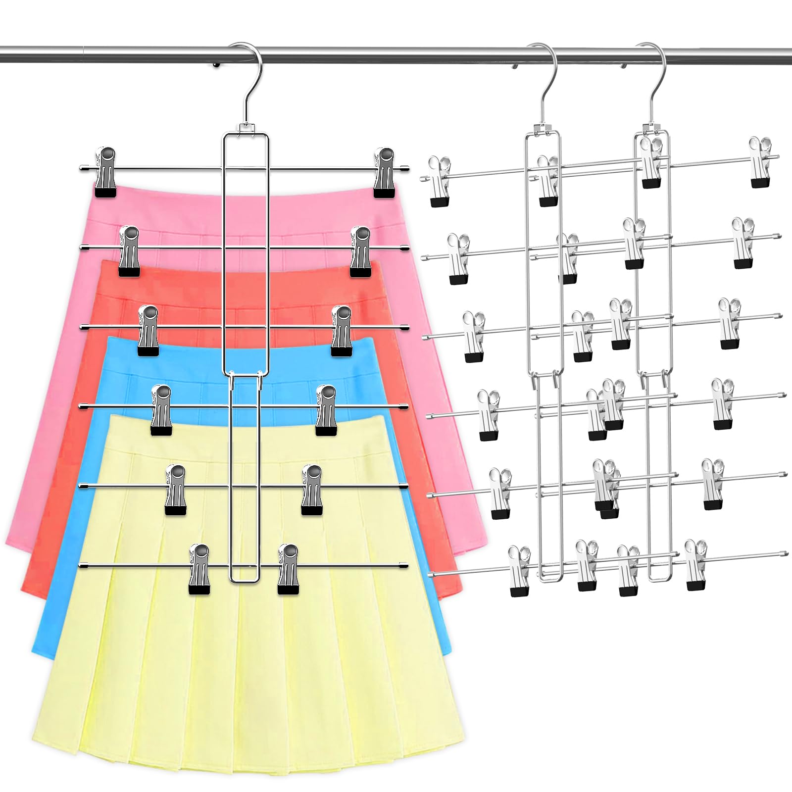 Hasitpro 6-Tier Space Saving Pants & Skirt Hangers with Clips - Closet Organizers for Limited Spaces, College Dorm & Apartment Storage Essentials (3 Pack) - Perfect for Organizing Jeans, Trousers, Skirts & Scarves in Small Closets