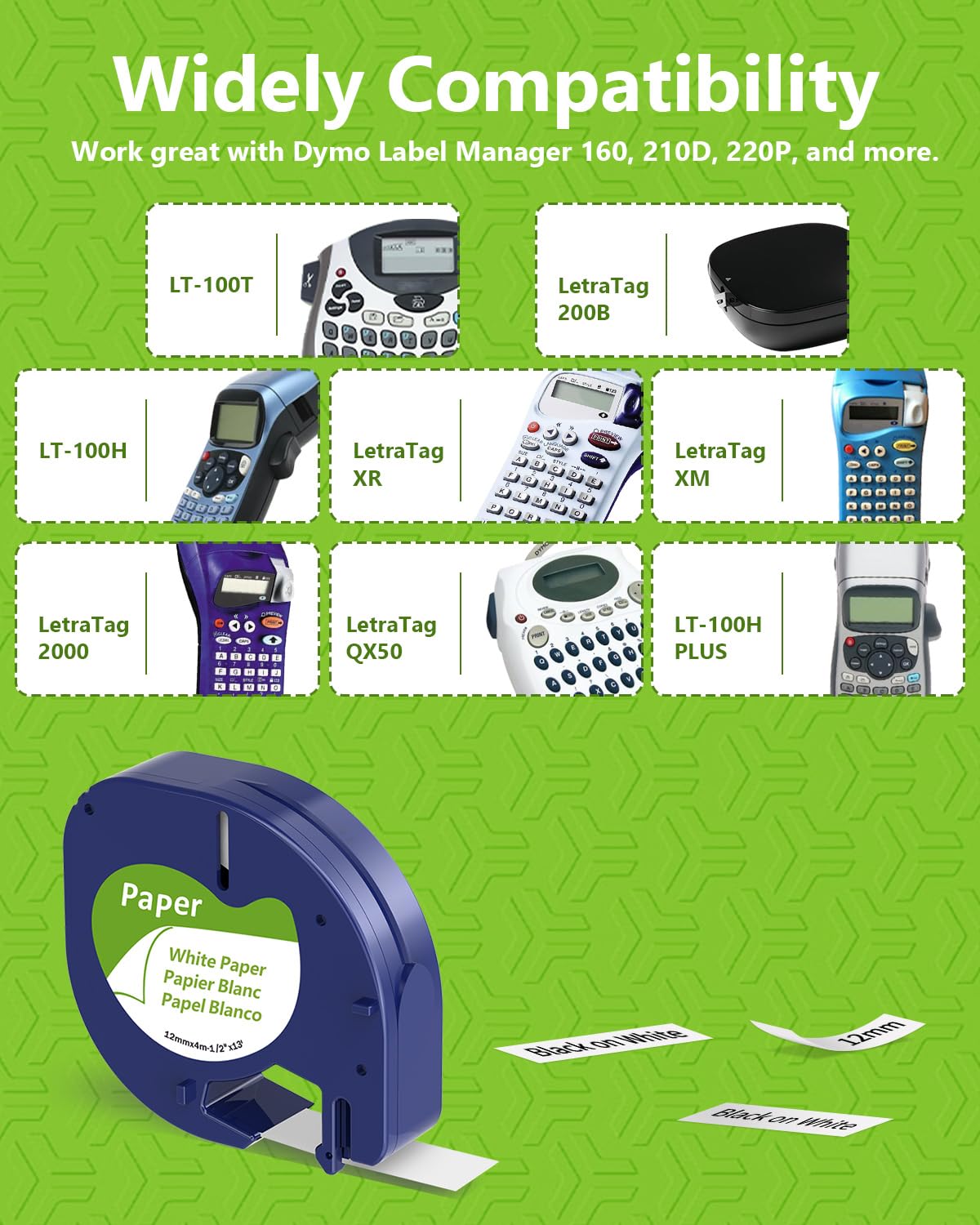 Compatible Dymo LetraTag LT-100H Plus Label Maker Refills - 12mm x 4m (1/2