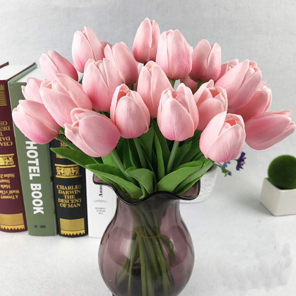 20 Heads Real Touch PU Tulips - Artificial Flowers for Wedding Bouquets, Home, Office & Room Decor - Lifelike Fake Flowers Arrangement for Centerpieces, Parties & Events