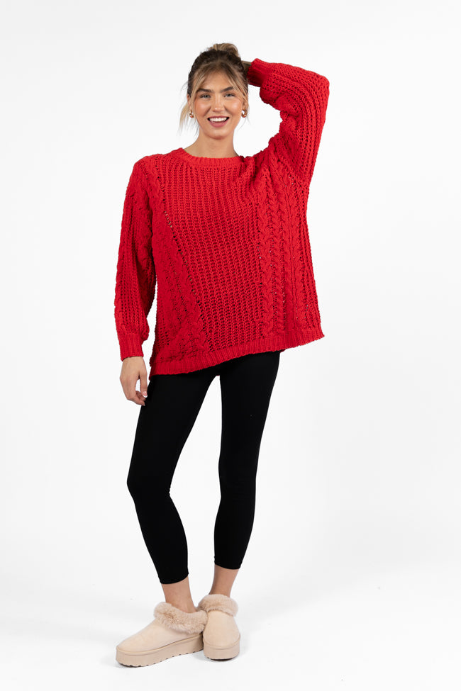 Wide Open Spaces Red Chenille Cable Knit Oversized Sweater - Cozy Winter Pullover for Women | Perfect for Casual Outings, Holiday Gatherings & Cold Weather Fashion