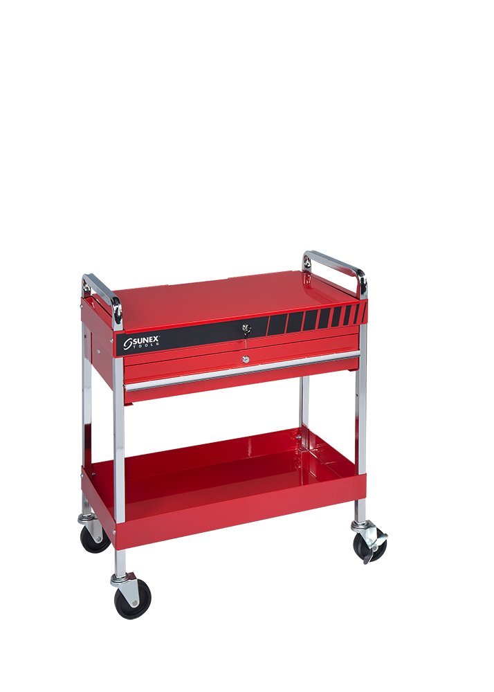 Heavy Duty Red Service Cart with Locking Top & Drawer - Mobile Utility Cart for Kitchen, Garage, Workshop & Office Organization
