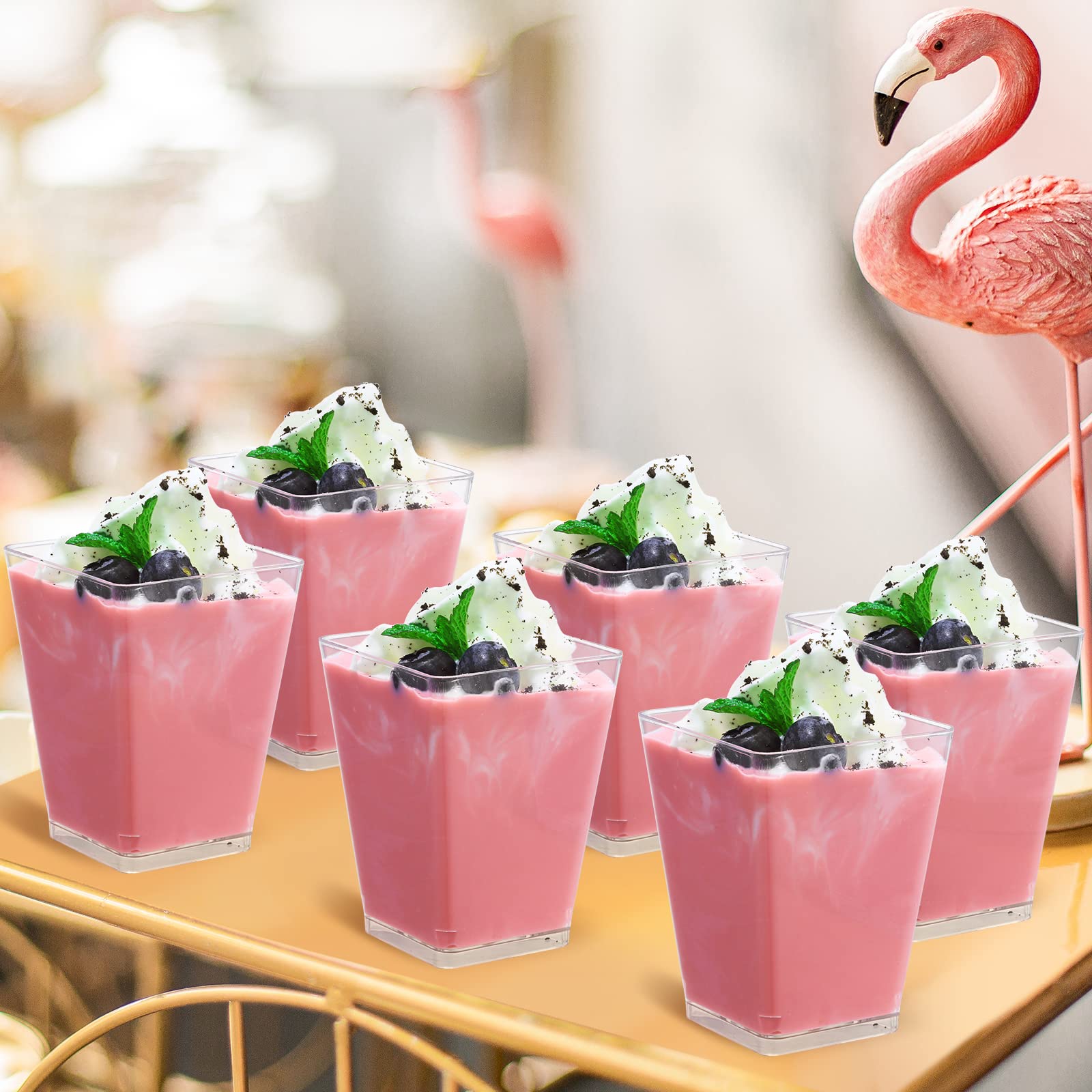 SHOPDAY 100-Pack 5 oz Clear Square Plastic Dessert Cups with Spoons - Small Parfait Cups for Tasting Party, Appetizers, Mousse, Yogurt - Perfect for Catering, Events & Home Dessert Serving