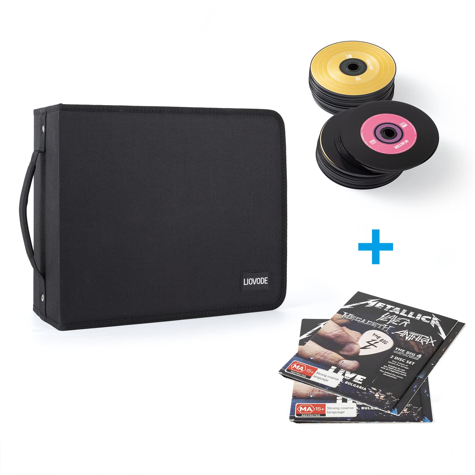 LIOVODE 200 DVDs & 100 Booklets Storage Case - CD DVD Organizer with Booklet Inserts - Compact Media Holder for Home, Car & Office - Perfect for Movie Collections, Music CDs & Video Game Discs