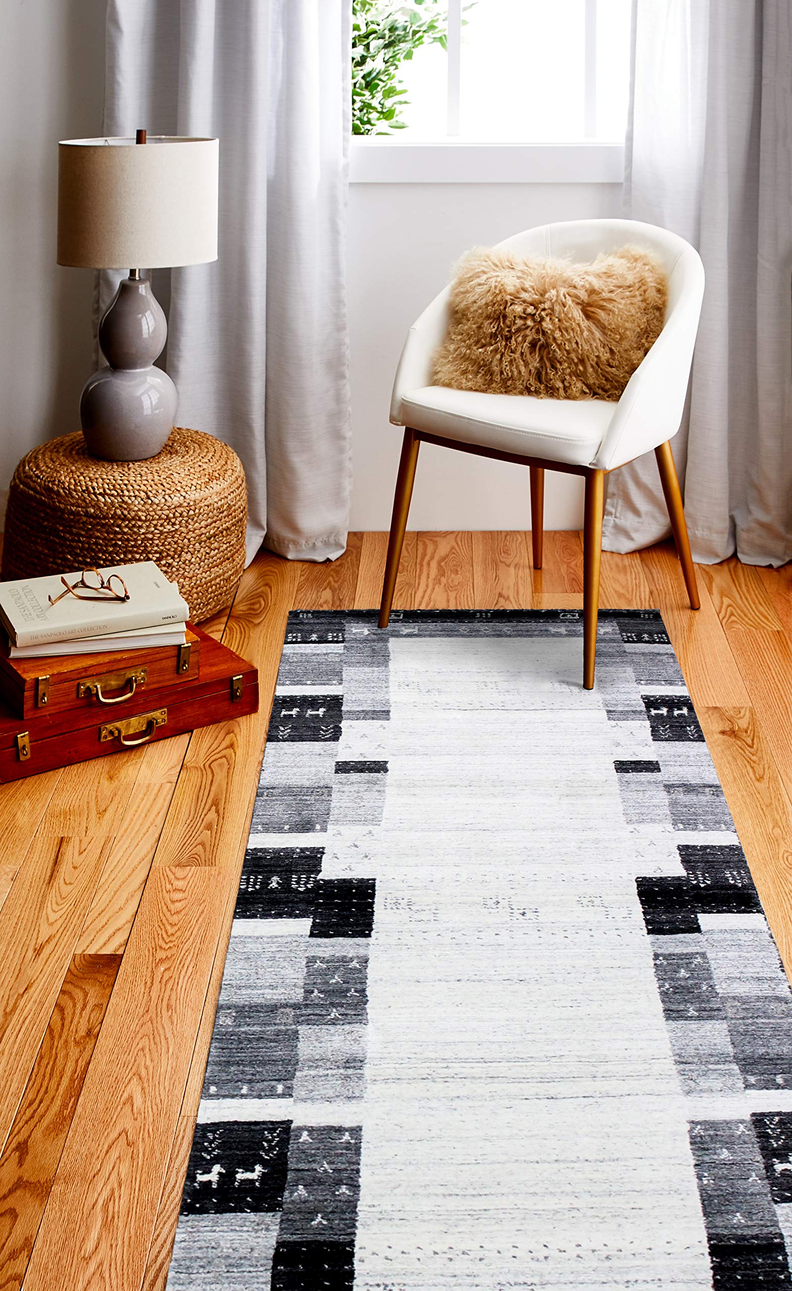 Bashian Collection Handmade Wool & Viscose Area Rug - 2.6’x8’ Ivory/Chargray Luxury Runner - Perfect for Entryway, Living Room, Bedroom Decor - Soft & Durable Home Floor Covering for High Traffic Areas