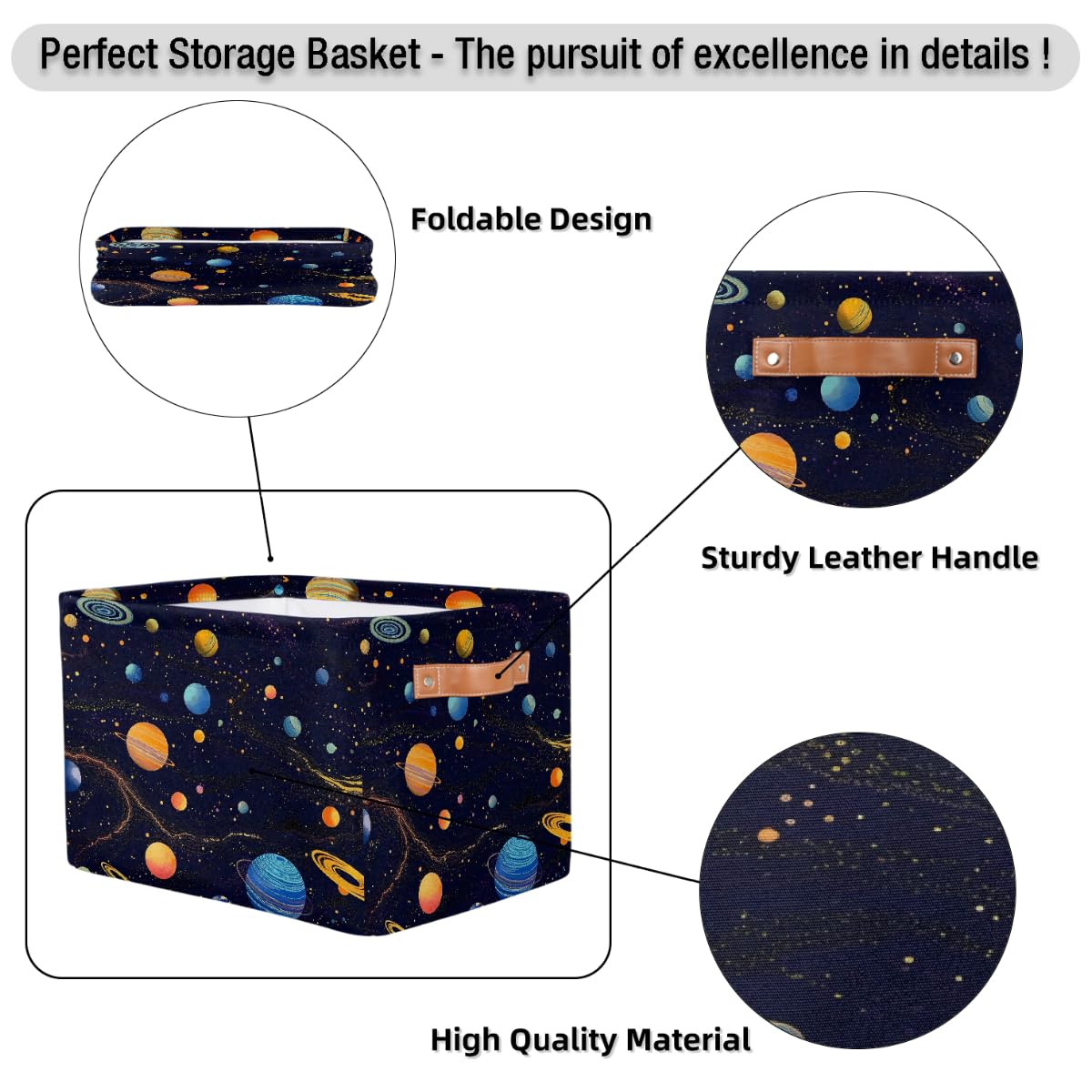 Space-Themed Foldable Storage Baskets with Handles - 2 Pack Decorative Storage Bins for Shelves, Home Organization | Perfect for Kids' Room, Closet & Space-Themed Decor