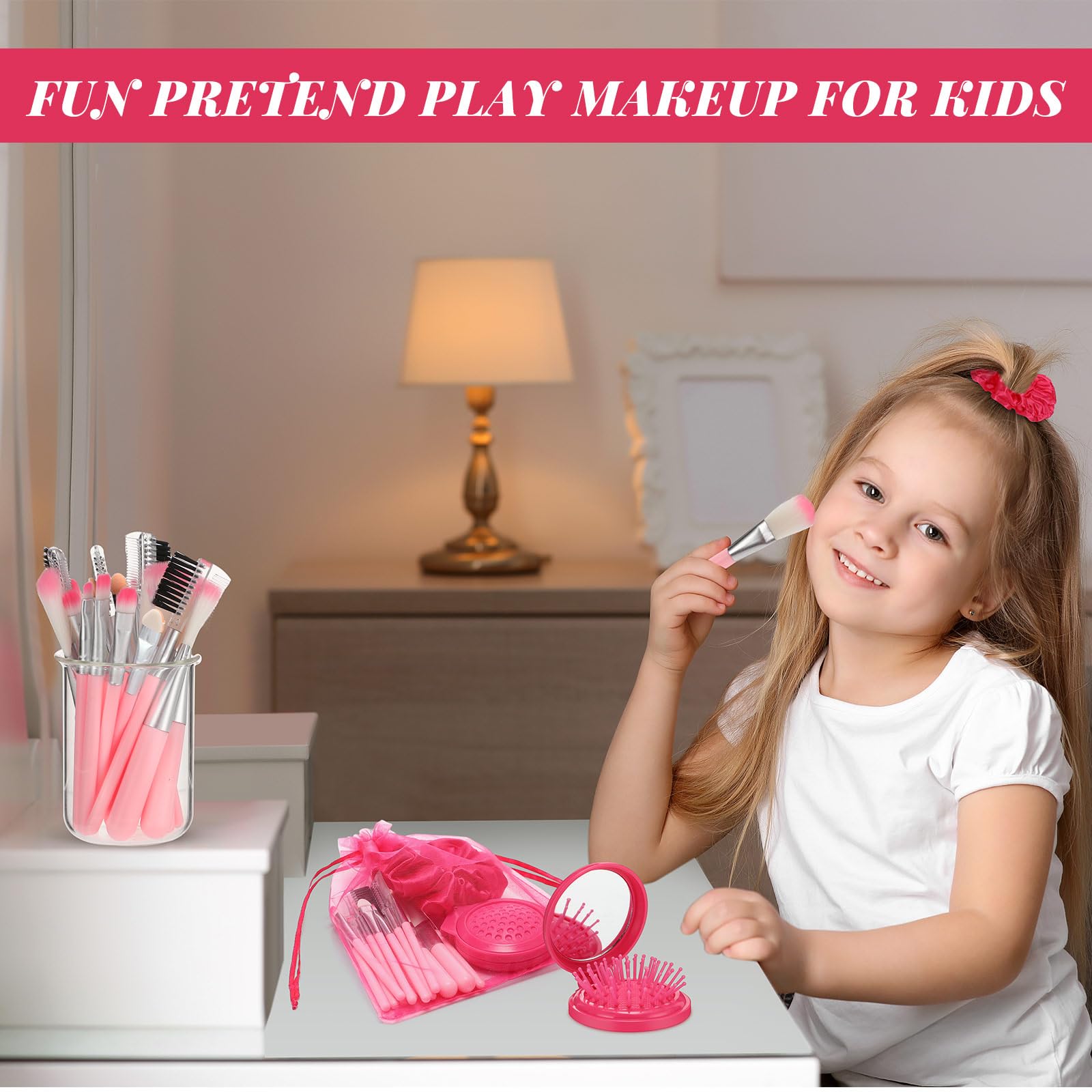 Pink Girls Party Favors Set - 48 Pcs Makeup Kit with Gauze Bags, Hair Scrunchies, Foldable Mirror & Brushes - Perfect for Birthday Parties, Sleepovers, Dress-Up Play and Gift Bags