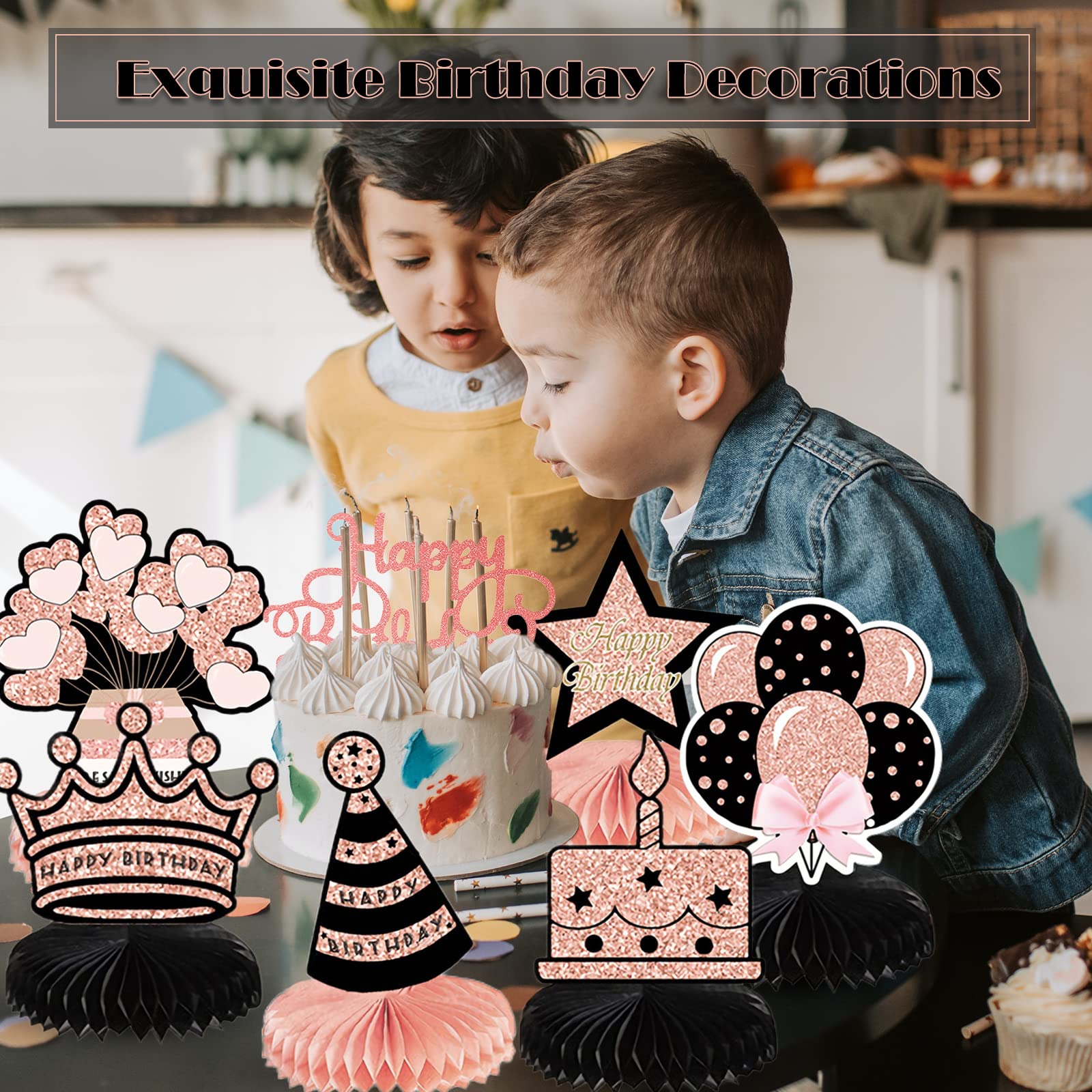 SPOKKI 10-Piece Rose Gold Birthday Party Decorations Set - Honeycomb Table Centerpieces, Cake Toppers & Table Decor for Birthday Celebrations - Perfect for Home Parties, Baby Showers & Anniversary Events
